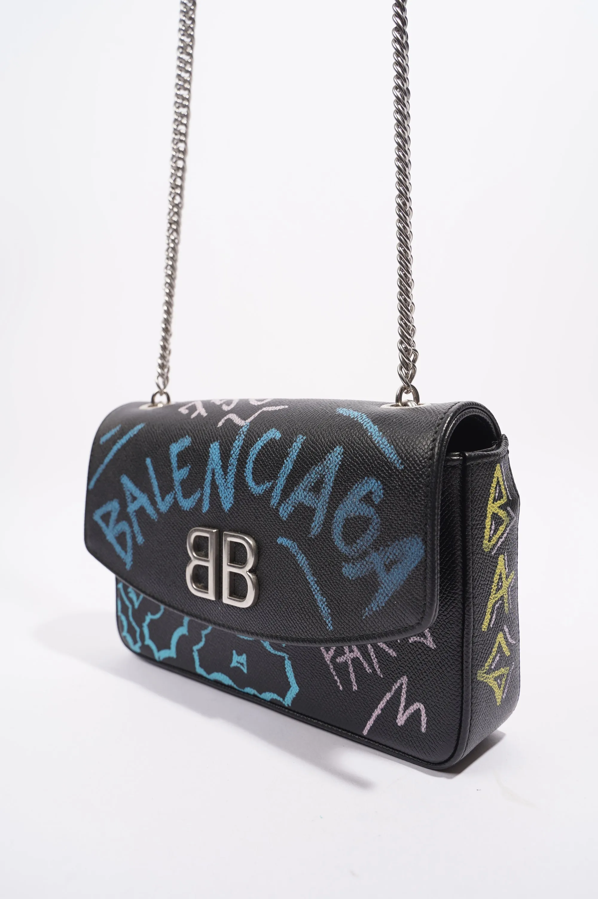 Balenciaga BB Graffiti Chain Wallet  Black / Blue / Pink Leather