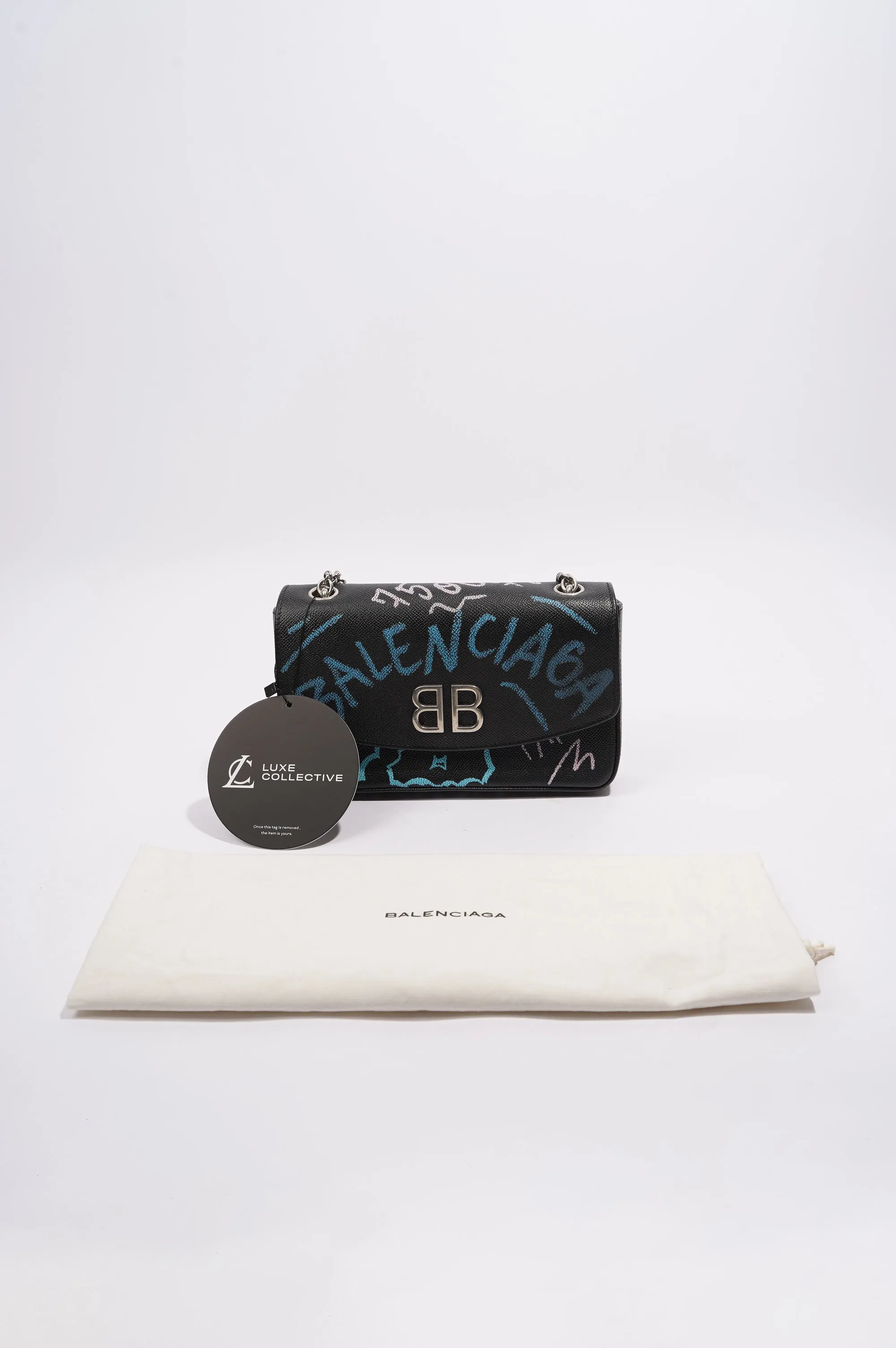 Balenciaga BB Graffiti Chain Wallet  Black / Blue / Pink Leather