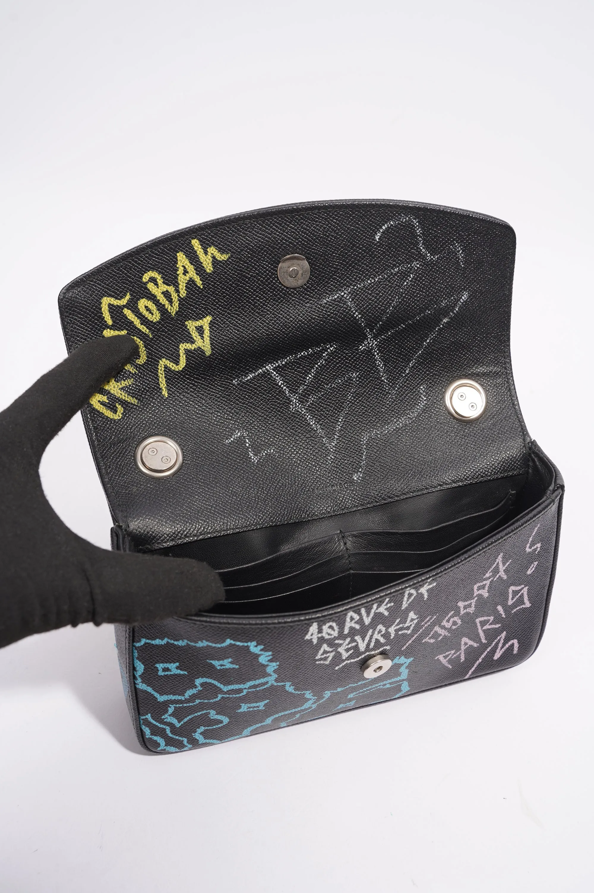 Balenciaga BB Graffiti Chain Wallet  Black / Blue / Pink Leather