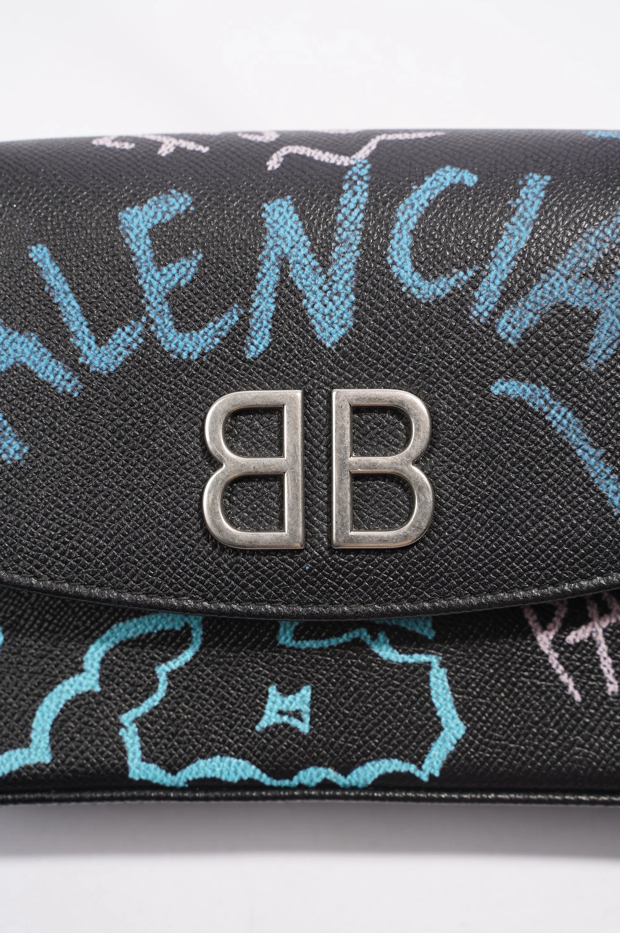 Balenciaga BB Graffiti Chain Wallet  Black / Blue / Pink Leather