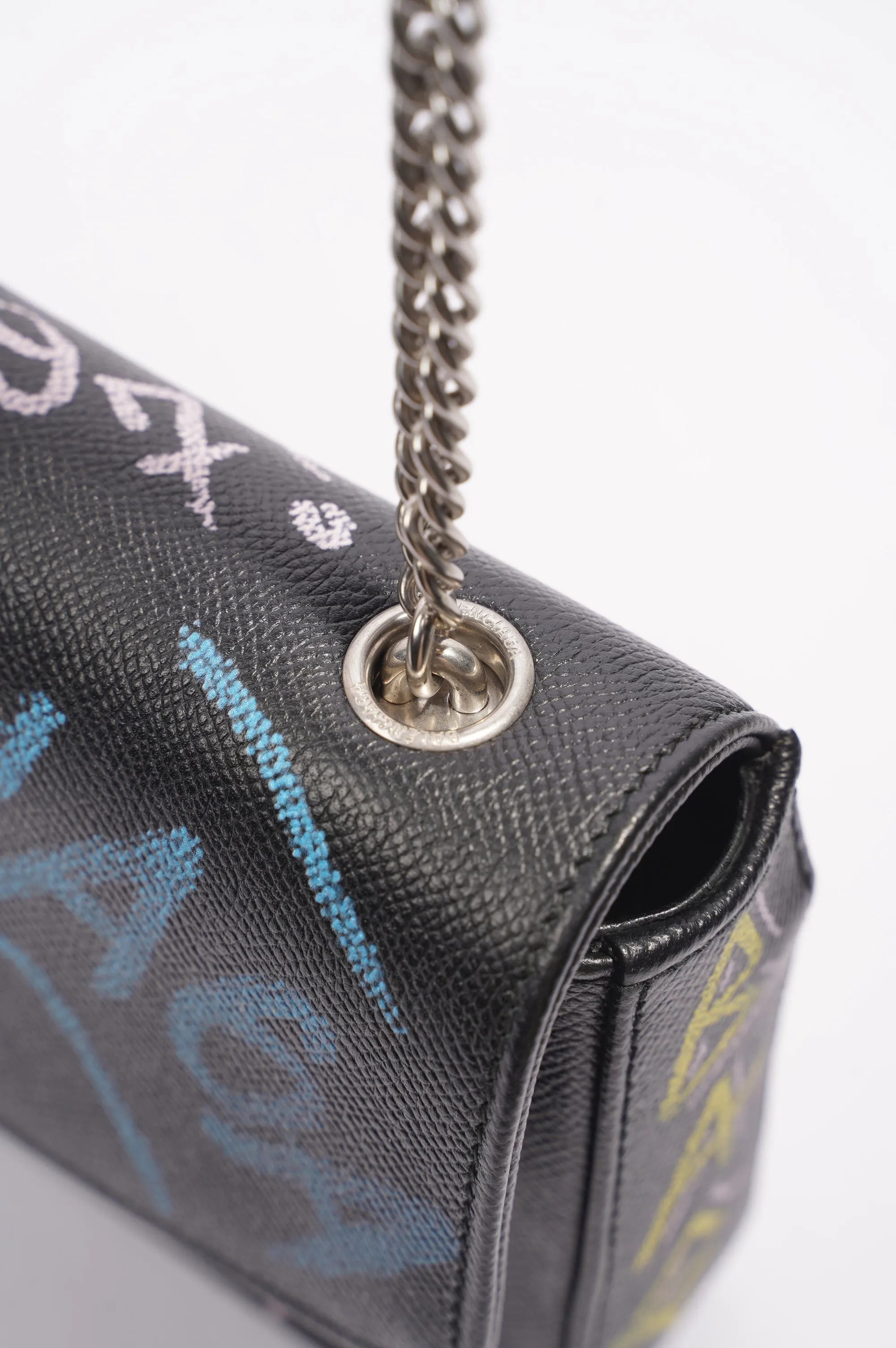 Balenciaga BB Graffiti Chain Wallet  Black / Blue / Pink Leather