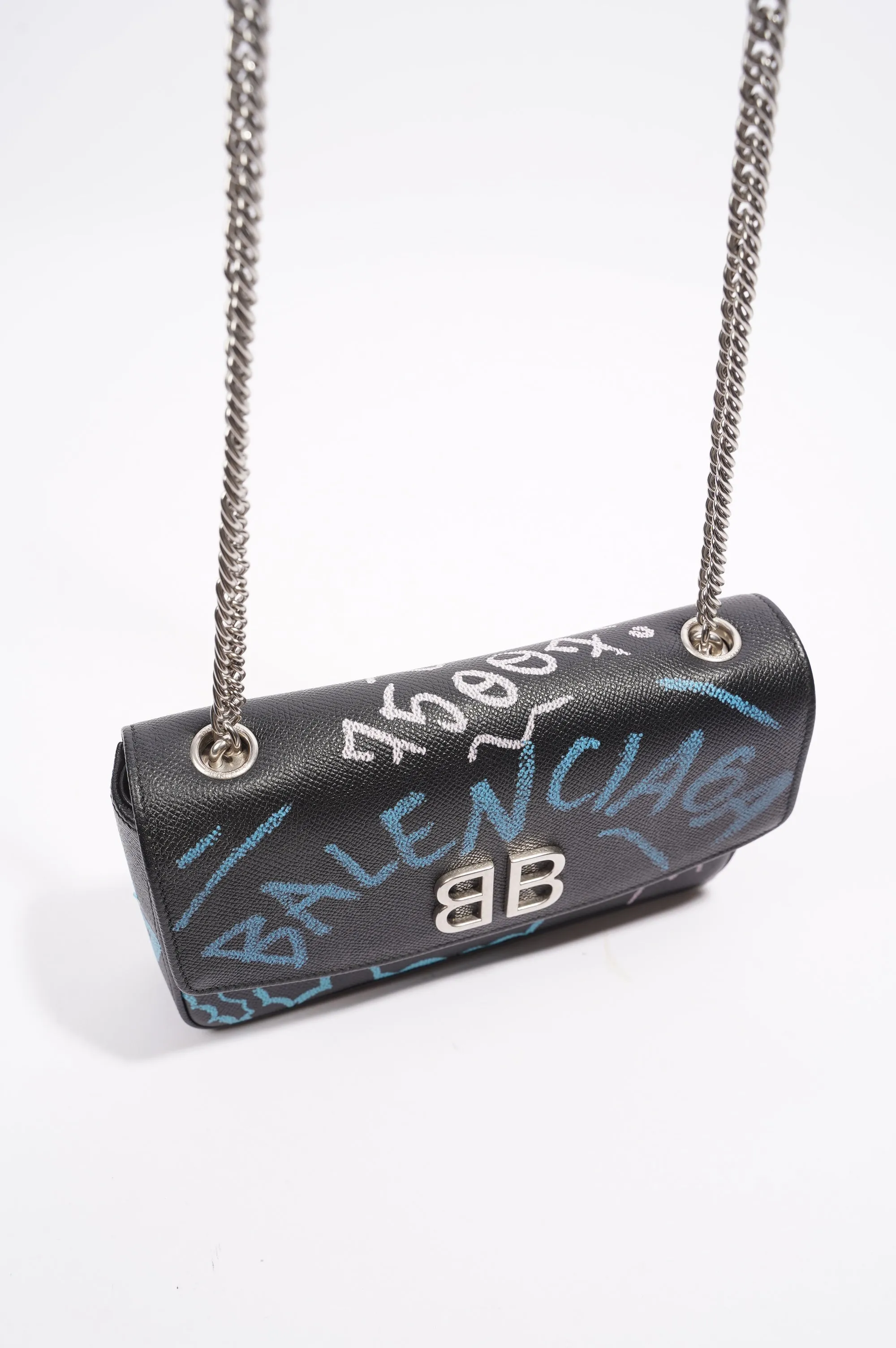 Balenciaga BB Graffiti Chain Wallet  Black / Blue / Pink Leather