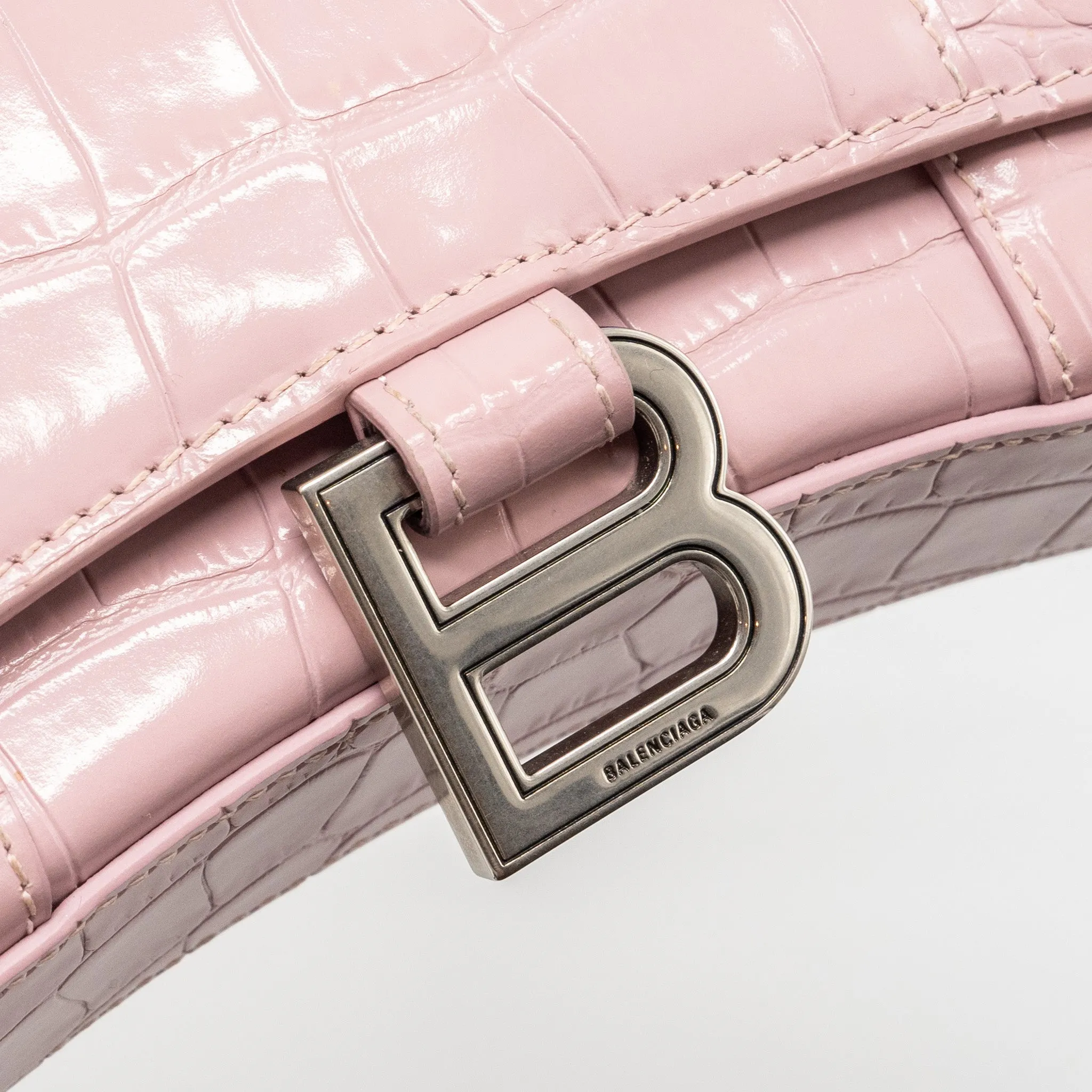 Balenciaga Hourglass Wallet on Chain Croc-Embossed Calfskin Pink SHW
