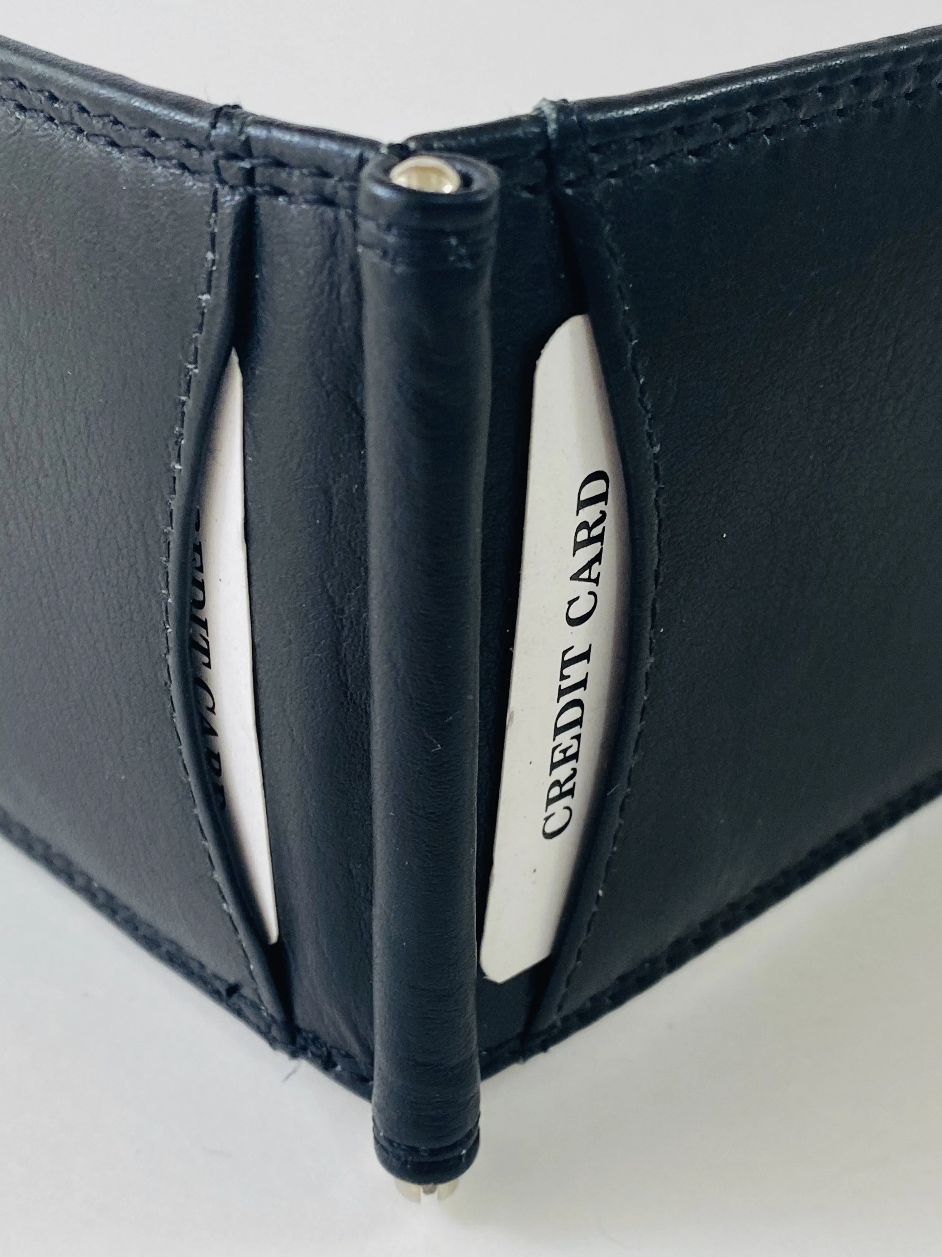 Black Bifold Wallet Featuring Front Credit Card Slots and Money Clip Made with Genuine Leather