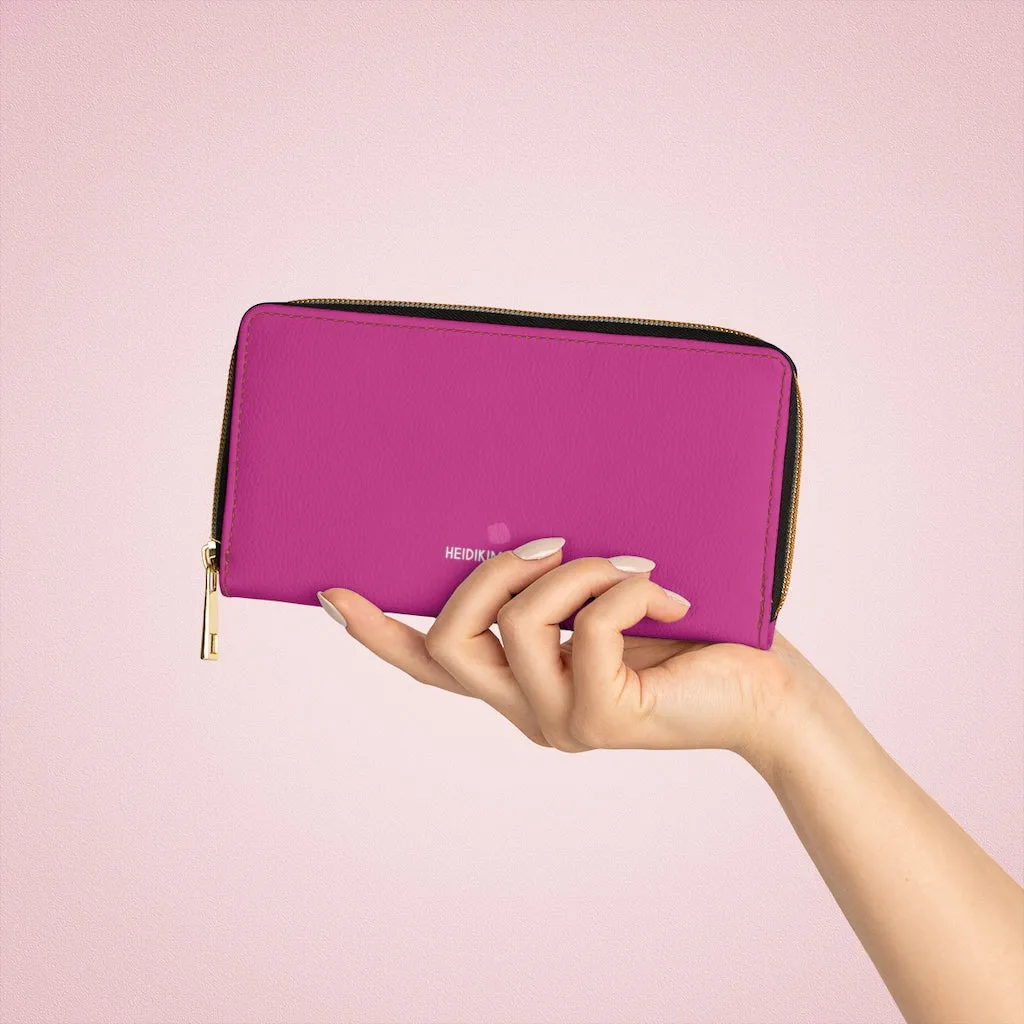Bright Pink Color Zipper Wallet, Solid Pink Color Long Compact Designer Premium Quality Women's Wallet