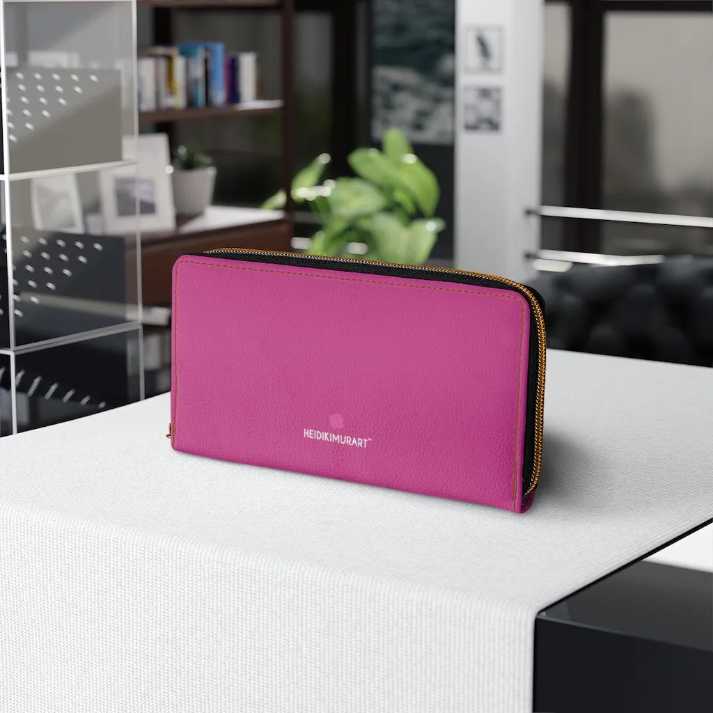 Bright Pink Color Zipper Wallet, Solid Pink Color Long Compact Designer Premium Quality Women's Wallet