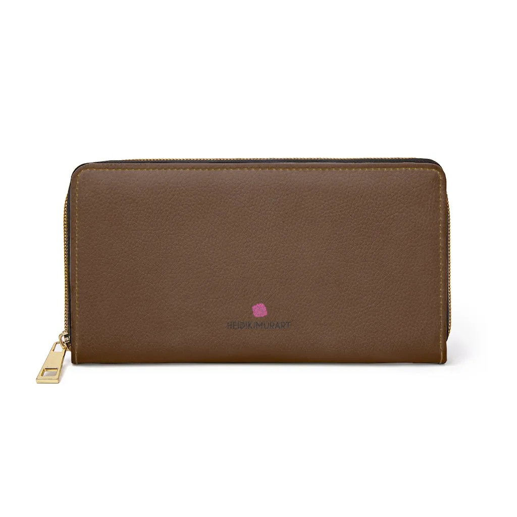 Brown Color Zipper Wallet, Solid Color Long Compact Designer Premium Quality Women's Wallet