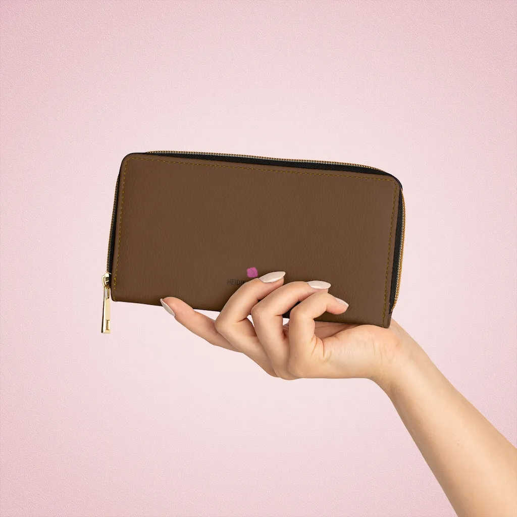 Brown Color Zipper Wallet, Solid Color Long Compact Designer Premium Quality Women's Wallet