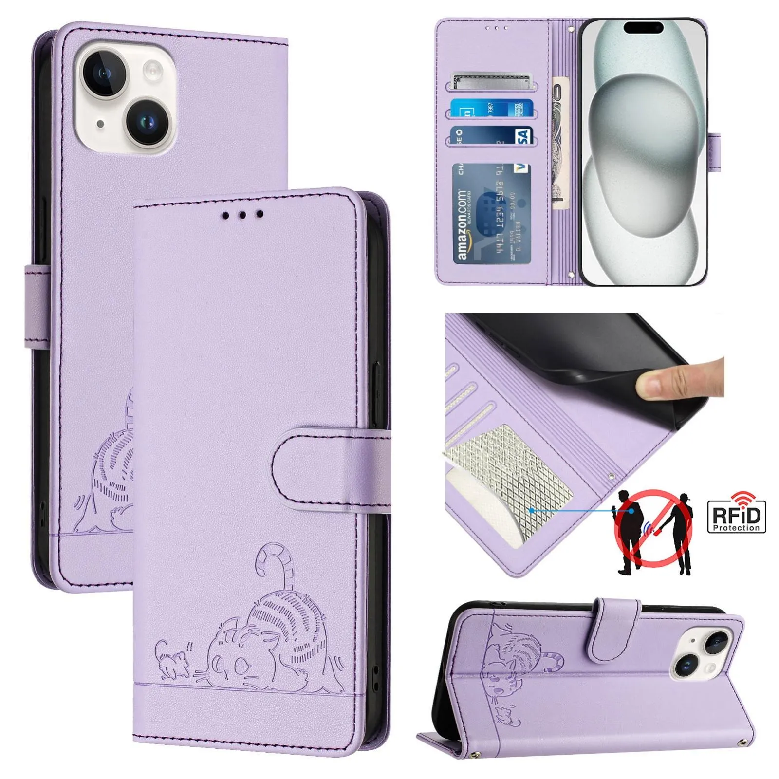 For Iphone 15 Cat Rat Embossed Pattern Rfid Leather Phone Case With Lanyard