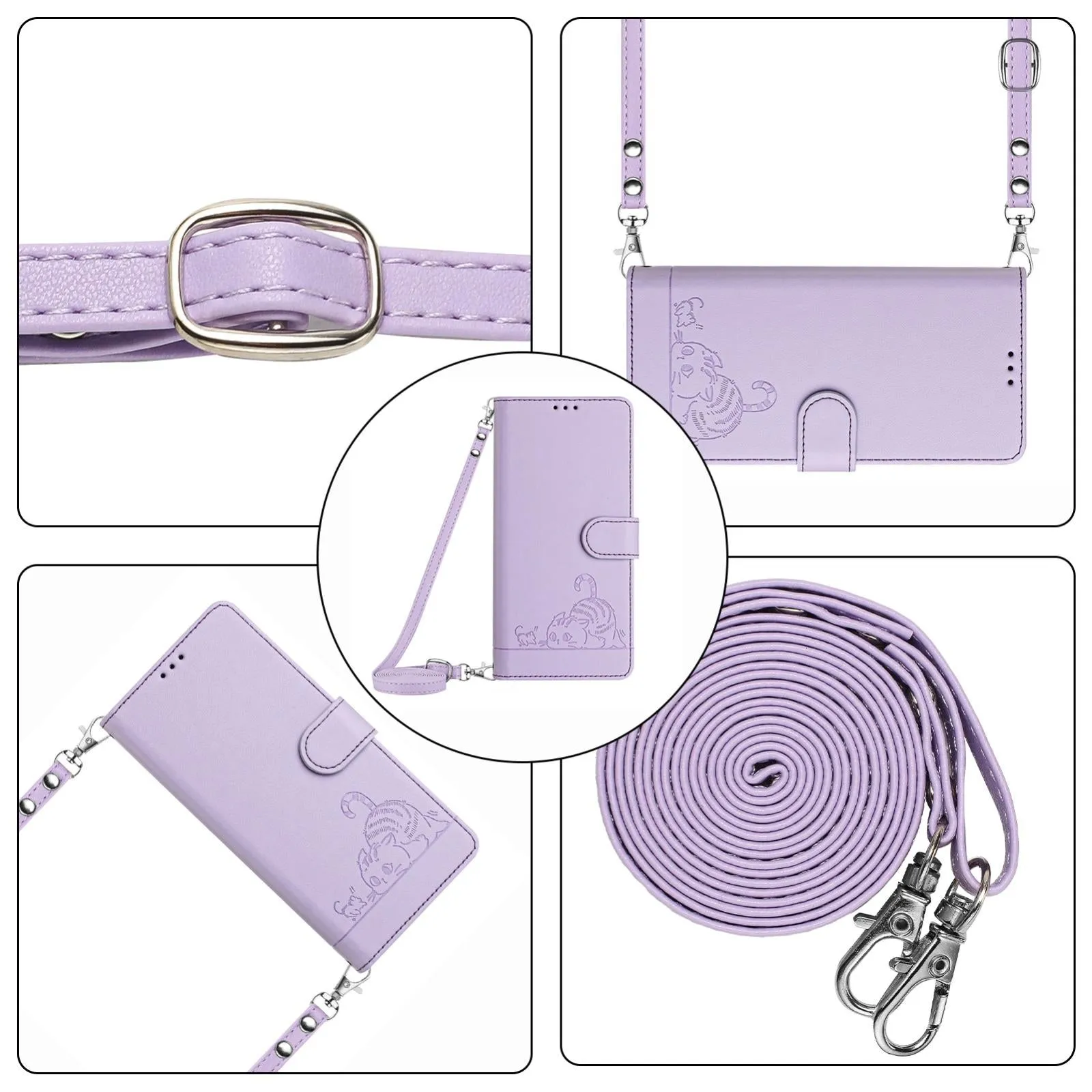 For Iphone 15 Cat Rat Embossed Pattern Rfid Leather Phone Case With Lanyard