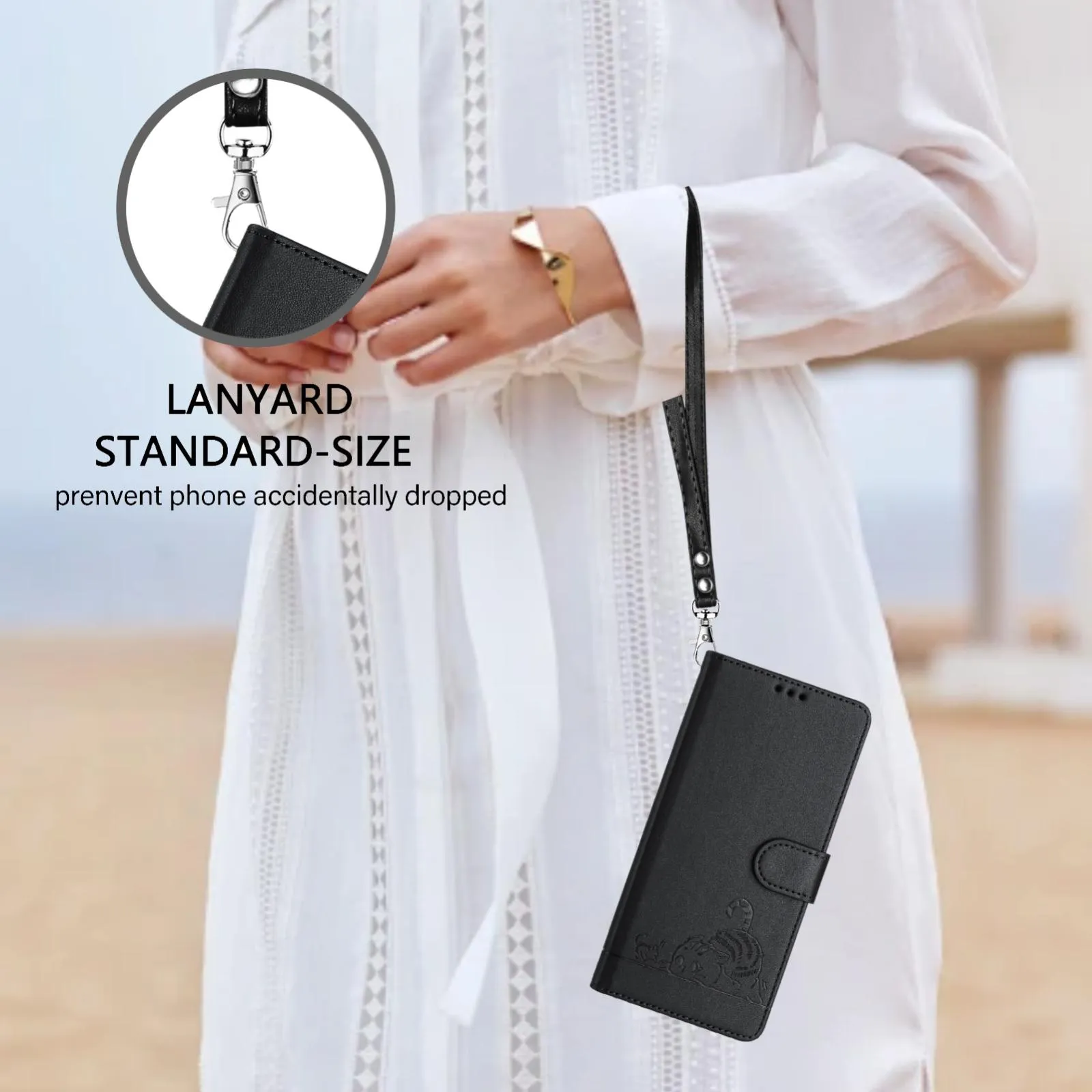 For Iphone 15 Cat Rat Embossed Pattern Rfid Leather Phone Case With Lanyard