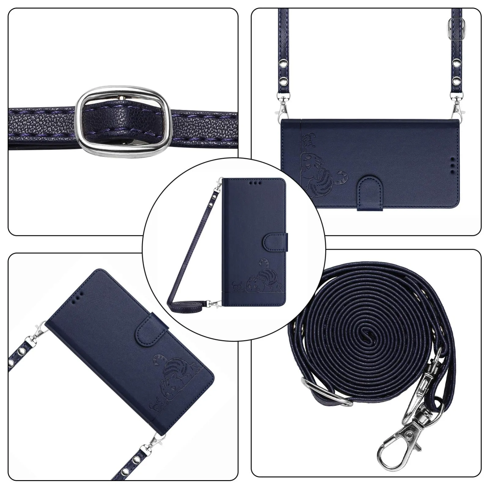 For Iphone 15 Cat Rat Embossed Pattern Rfid Leather Phone Case With Lanyard