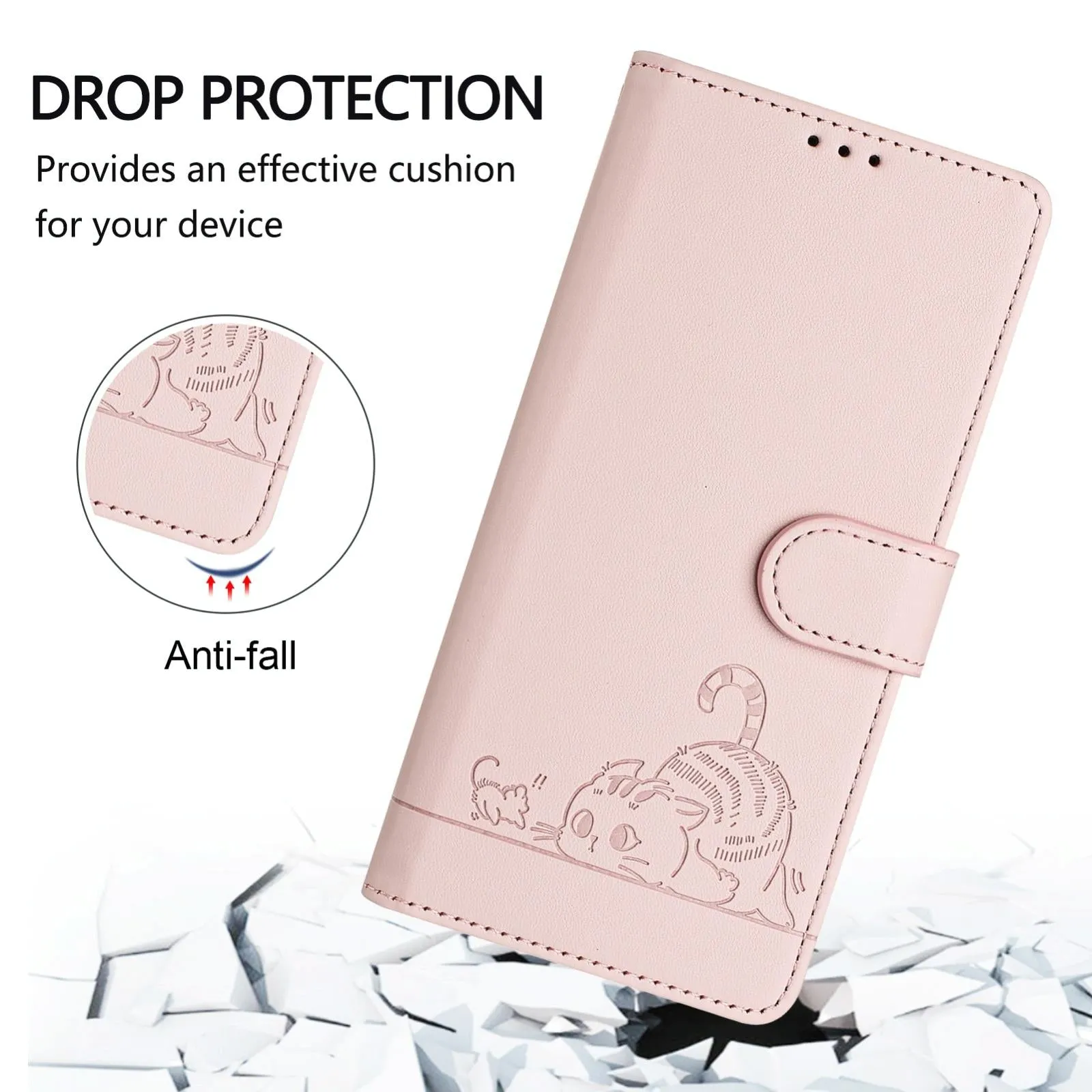 For Iphone 15 Cat Rat Embossed Pattern Rfid Leather Phone Case With Lanyard