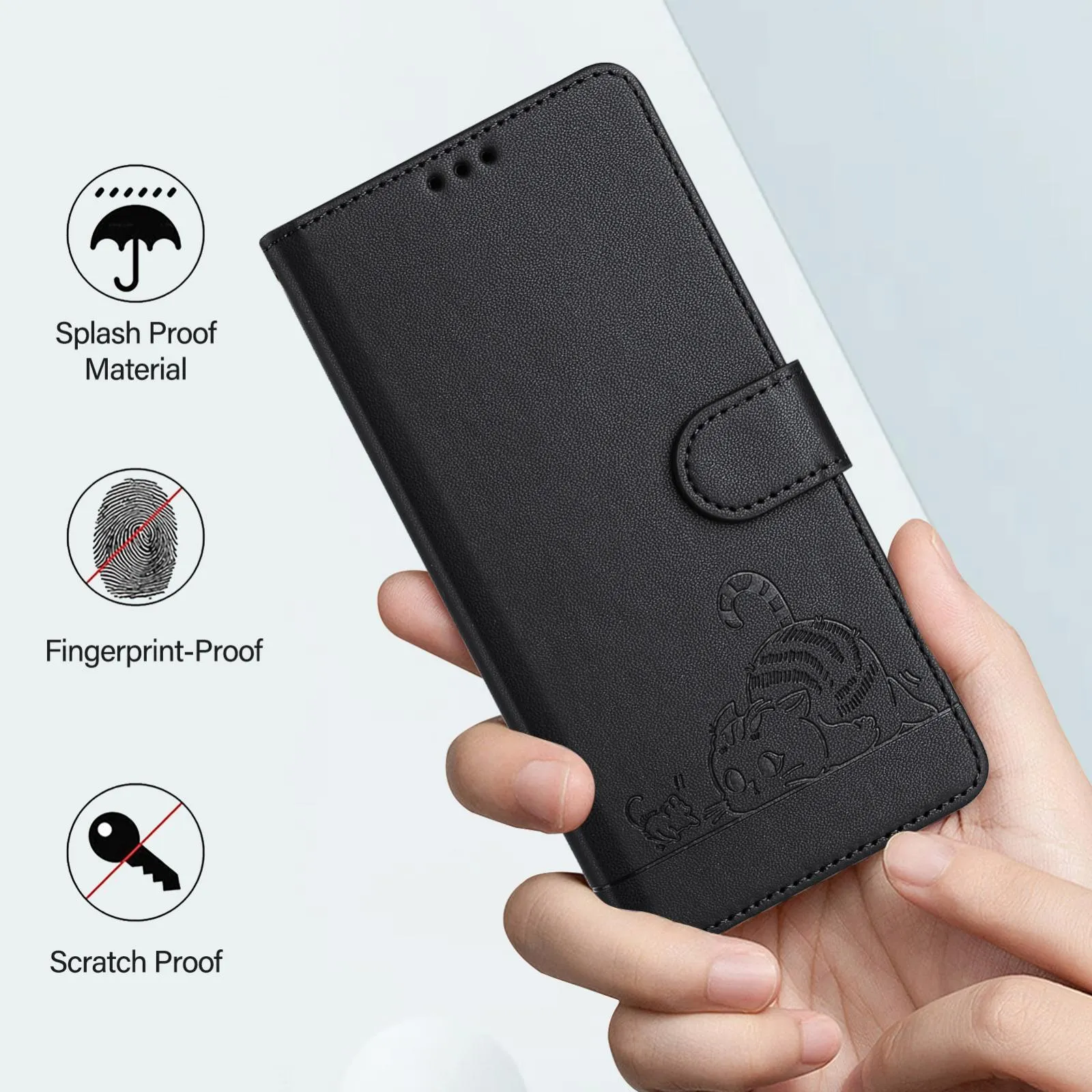 For Iphone 15 Cat Rat Embossed Pattern Rfid Leather Phone Case With Lanyard