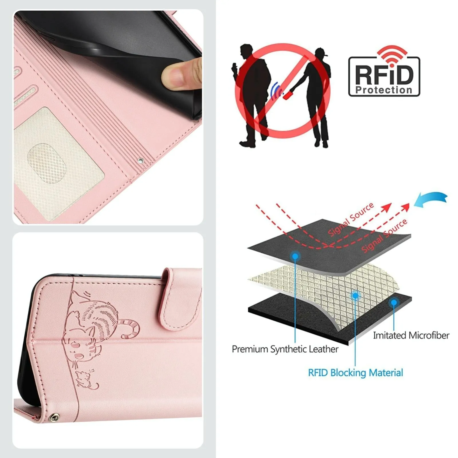 For Iphone 15 Cat Rat Embossed Pattern Rfid Leather Phone Case With Lanyard