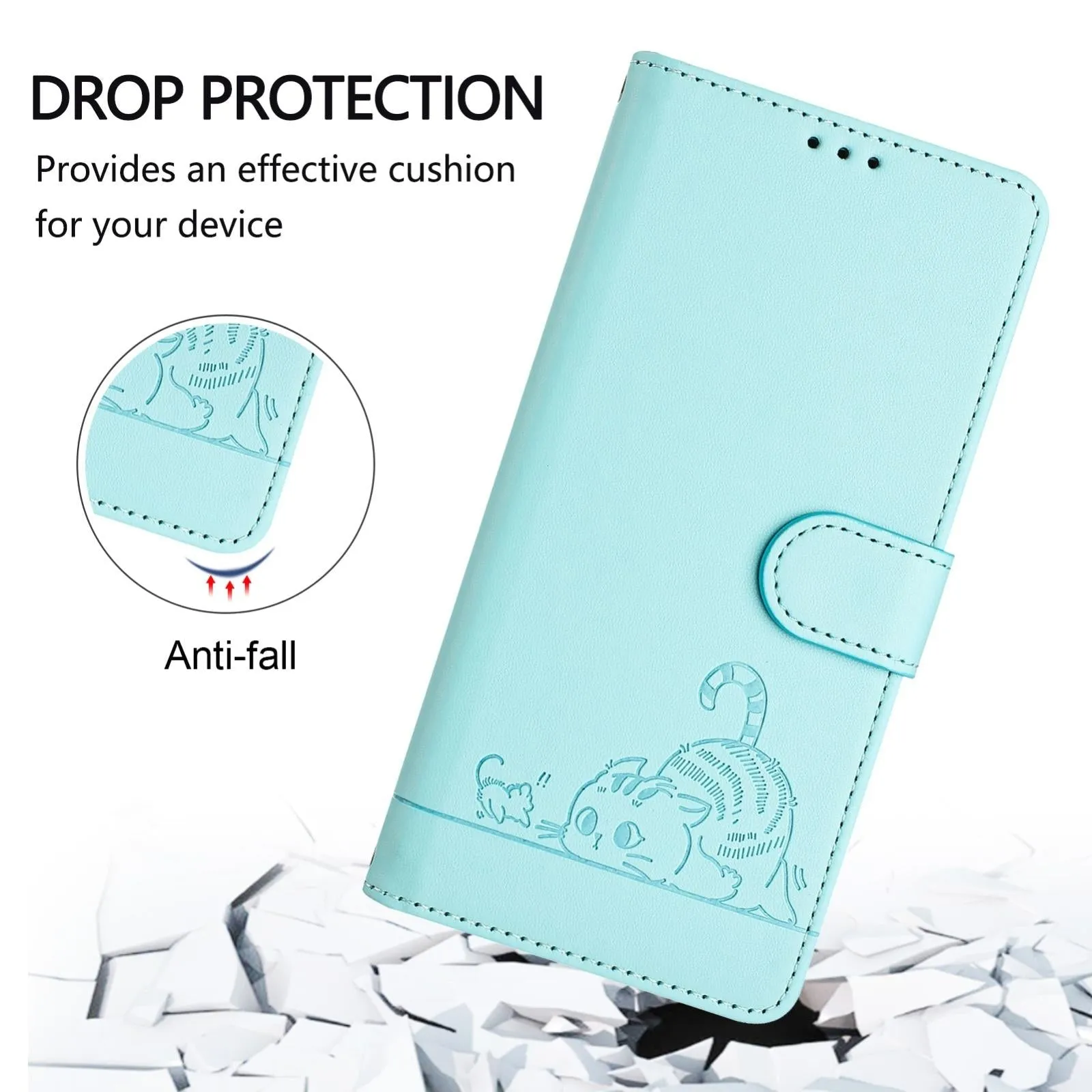 For Iphone 15 Cat Rat Embossed Pattern Rfid Leather Phone Case With Lanyard