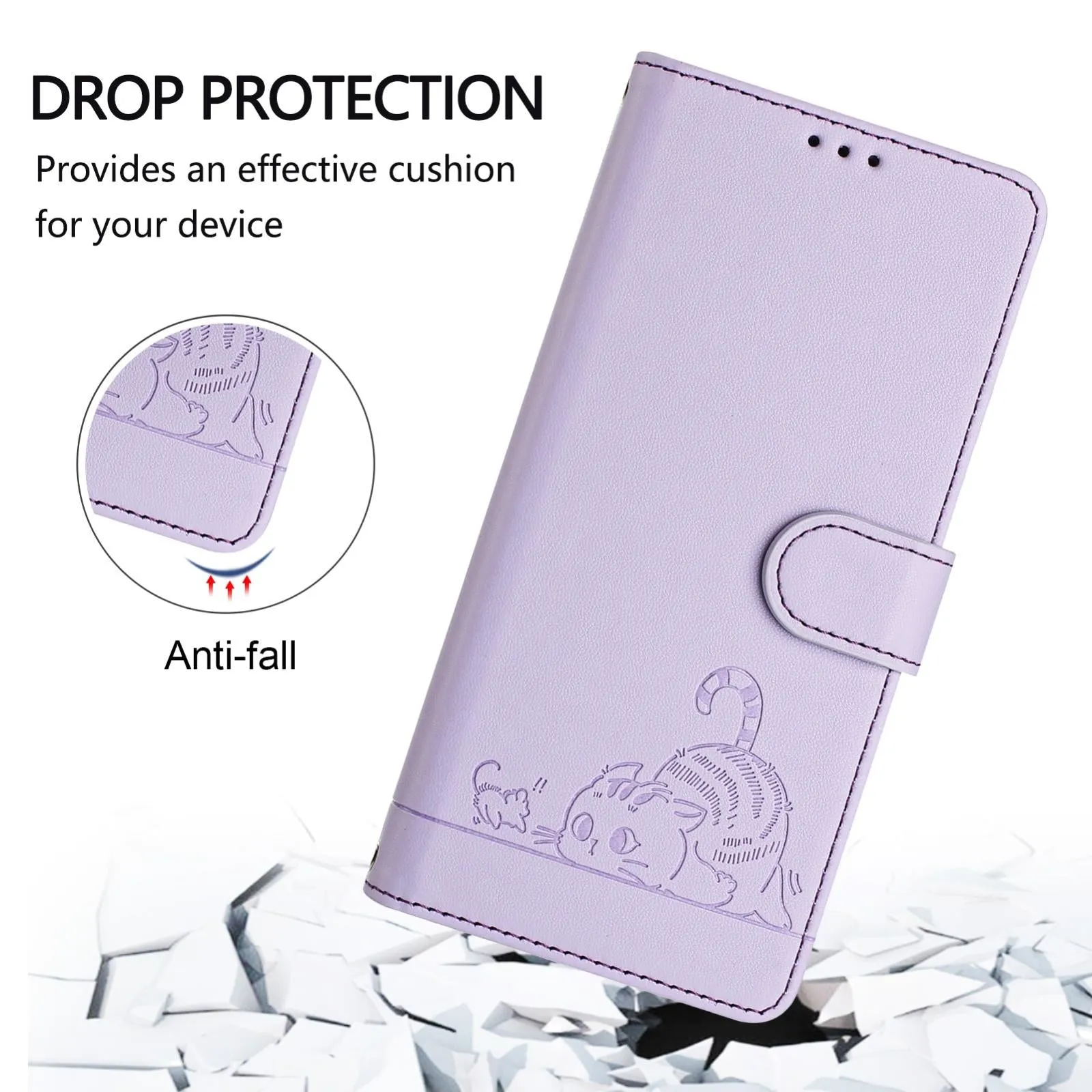 For Iphone 15 Cat Rat Embossed Pattern Rfid Leather Phone Case With Lanyard