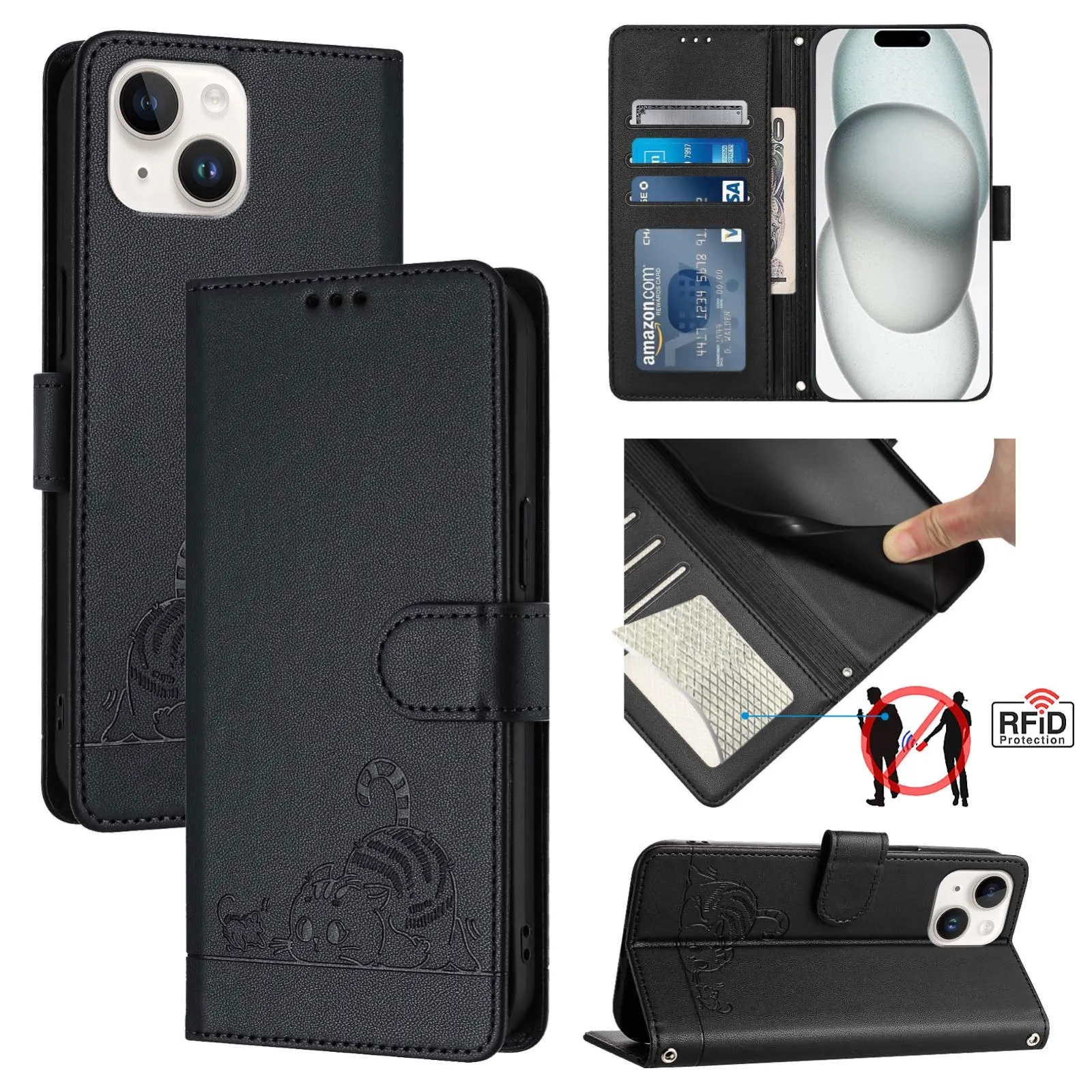 For Iphone 15 Cat Rat Embossed Pattern Rfid Leather Phone Case With Lanyard
