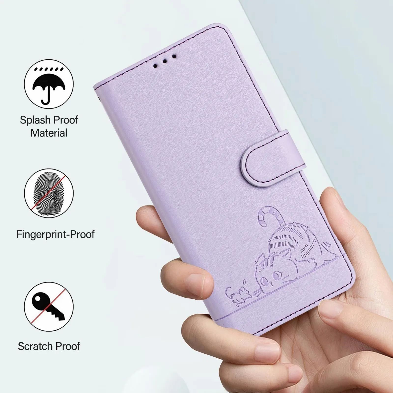 For Iphone 15 Cat Rat Embossed Pattern Rfid Leather Phone Case With Lanyard