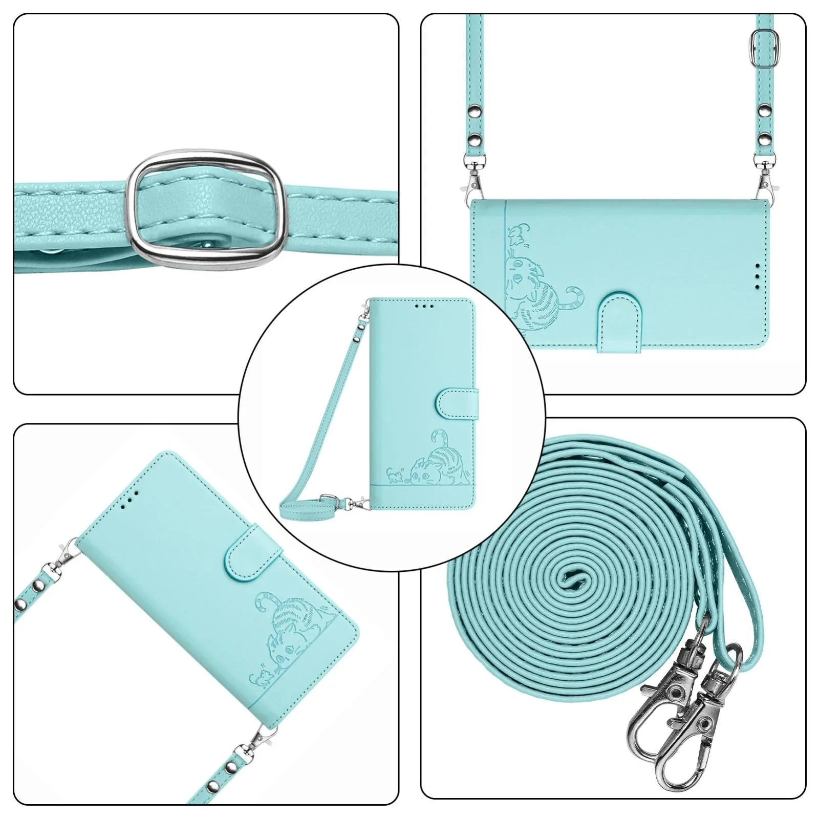For Iphone 15 Cat Rat Embossed Pattern Rfid Leather Phone Case With Lanyard