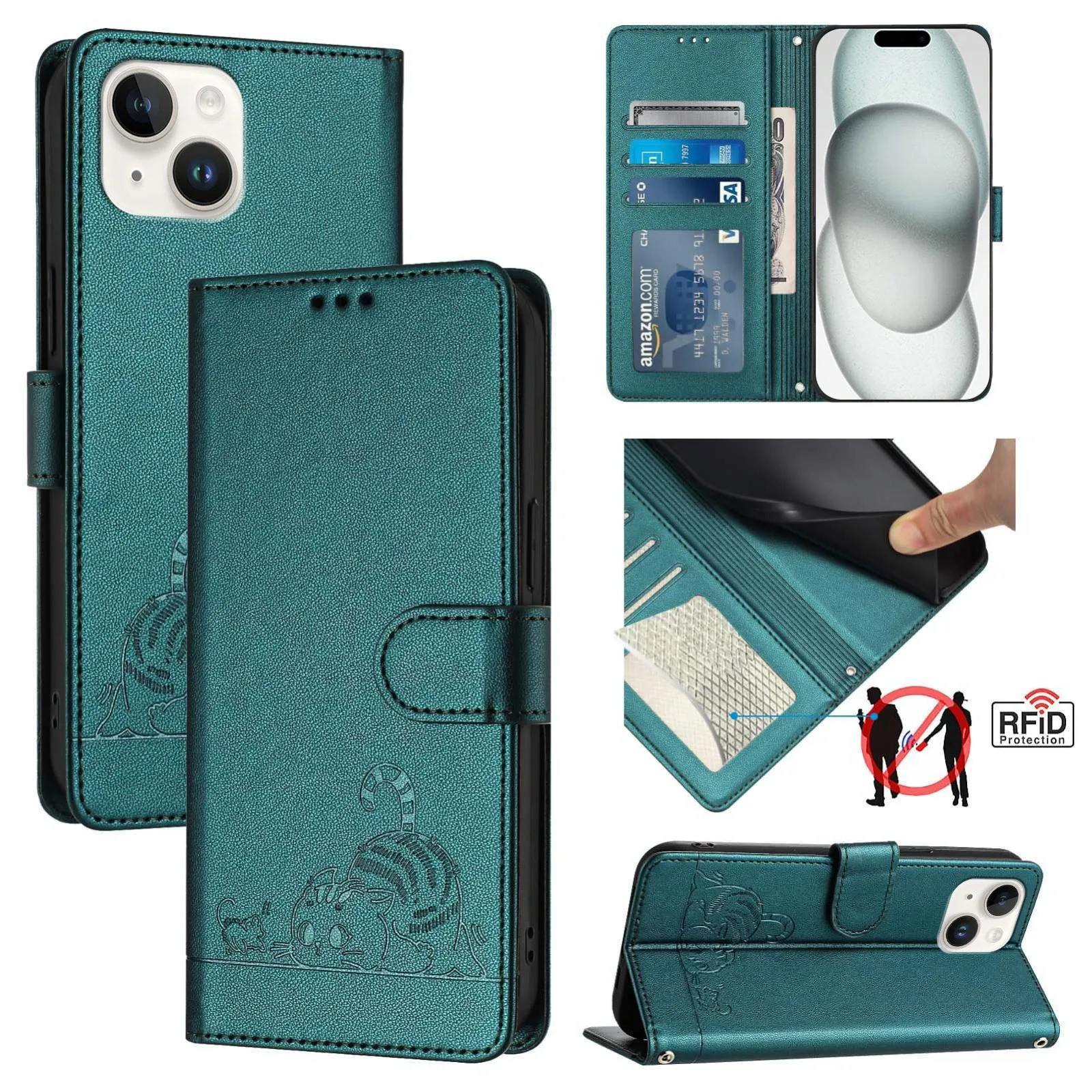 For Iphone 15 Cat Rat Embossed Pattern Rfid Leather Phone Case With Lanyard