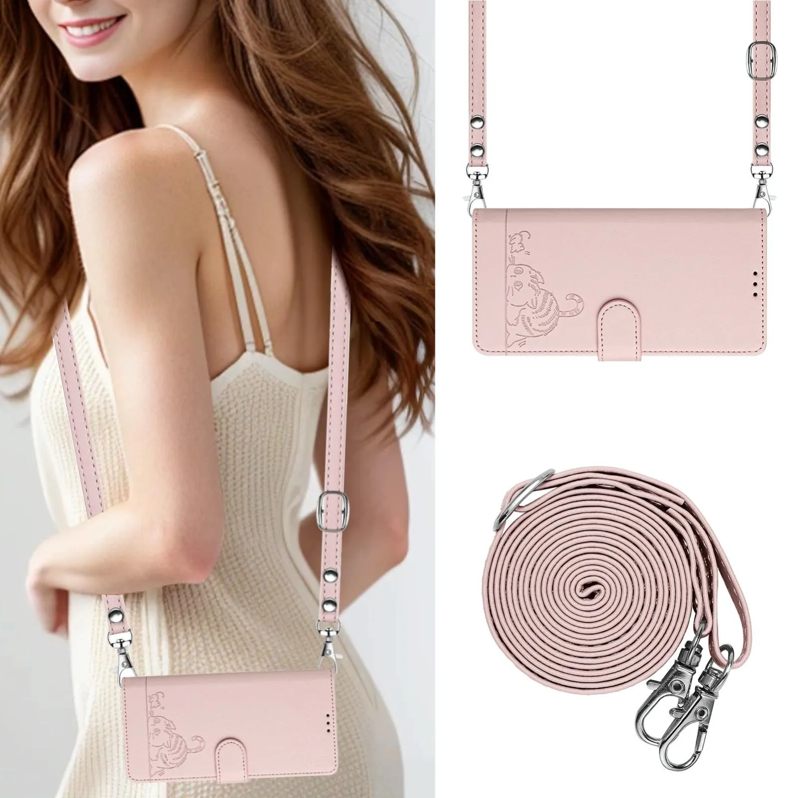 For Iphone 15 Cat Rat Embossed Pattern Rfid Leather Phone Case With Lanyard