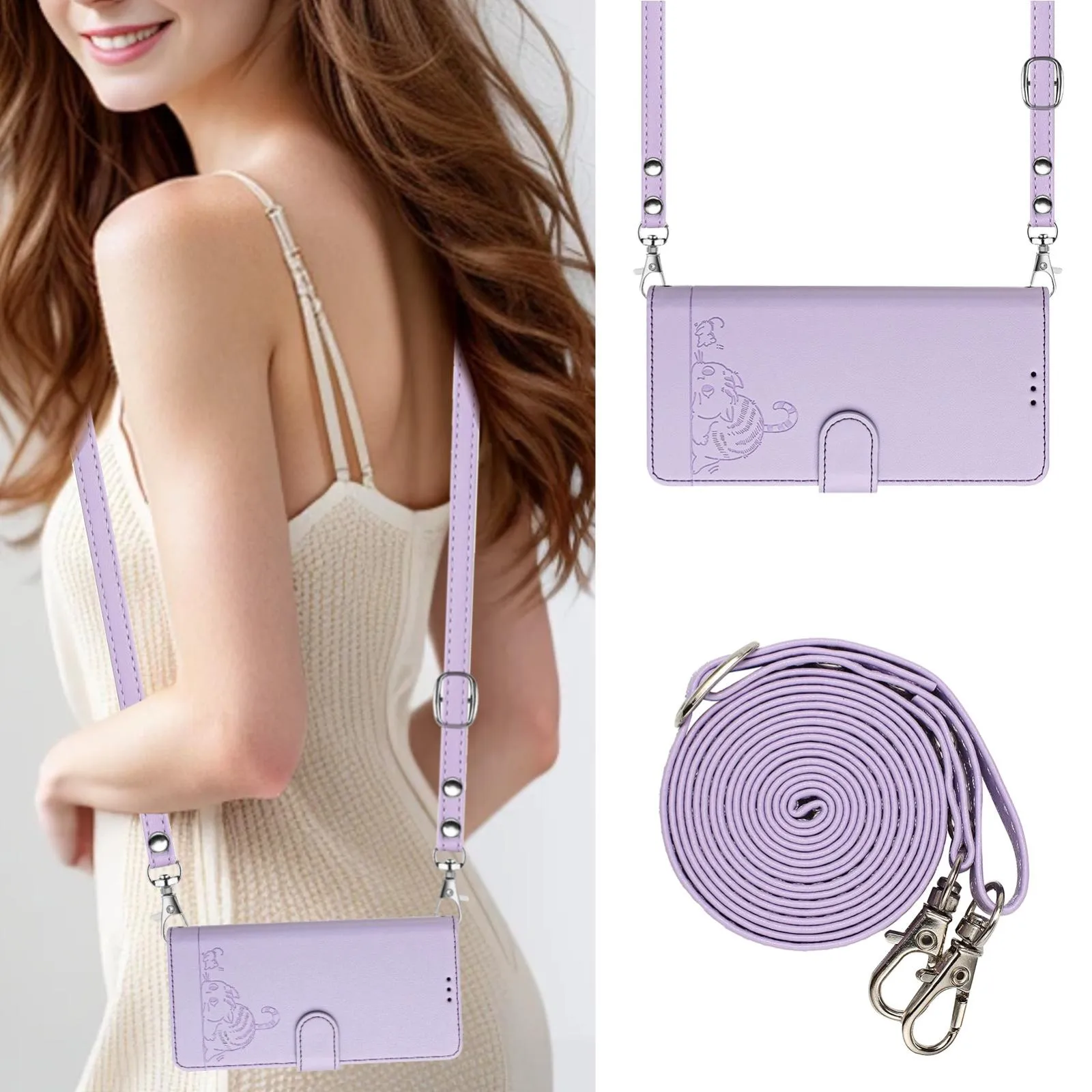 For Iphone 15 Cat Rat Embossed Pattern Rfid Leather Phone Case With Lanyard