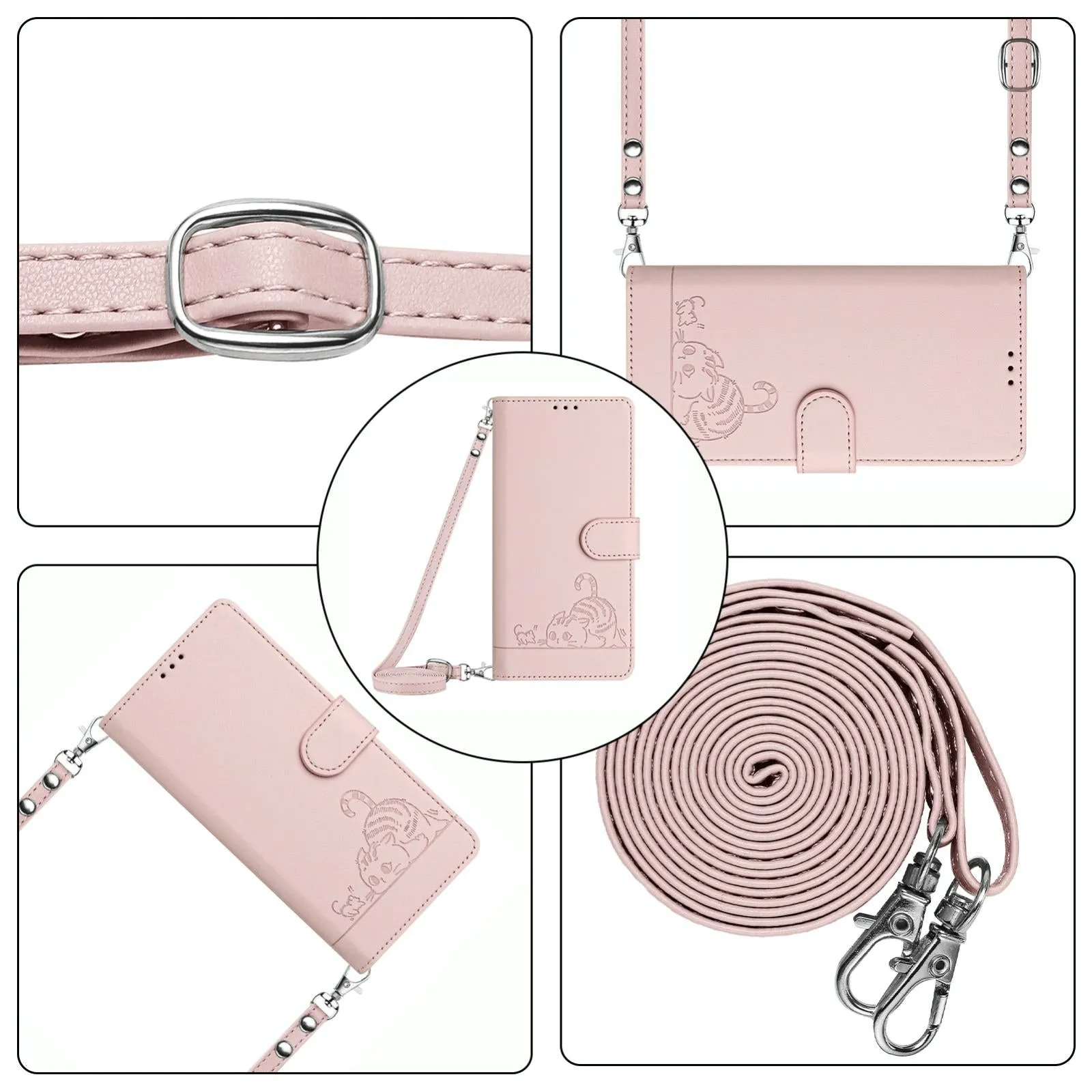 For Iphone 15 Cat Rat Embossed Pattern Rfid Leather Phone Case With Lanyard