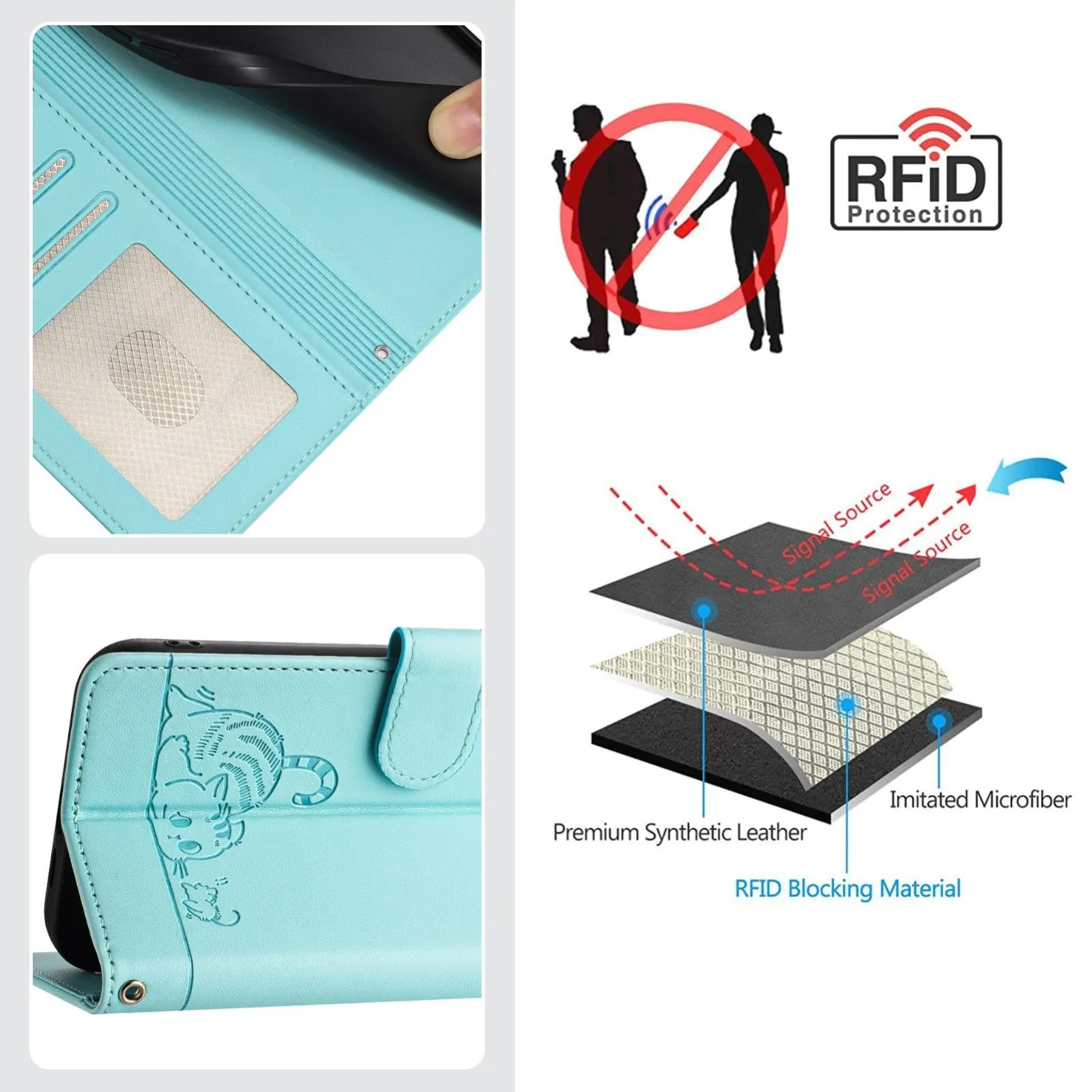 For Iphone 15 Cat Rat Embossed Pattern Rfid Leather Phone Case With Lanyard