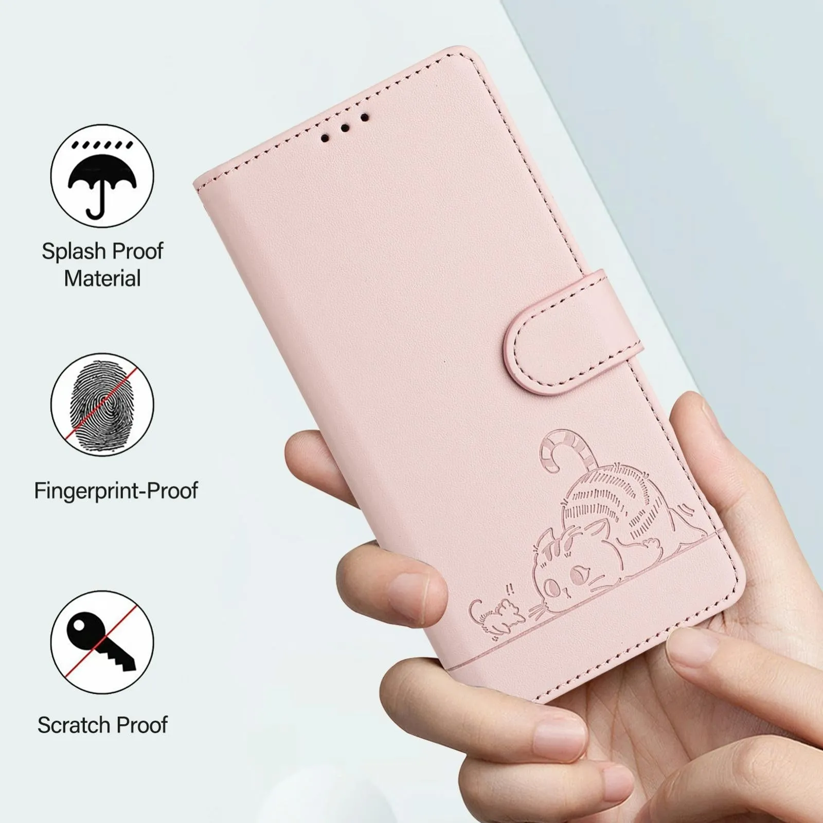 For Iphone 15 Cat Rat Embossed Pattern Rfid Leather Phone Case With Lanyard