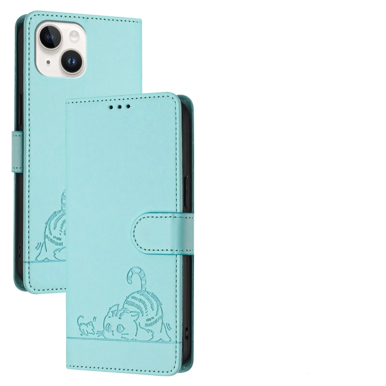 For Iphone 15 Cat Rat Embossed Pattern Rfid Leather Phone Case With Lanyard