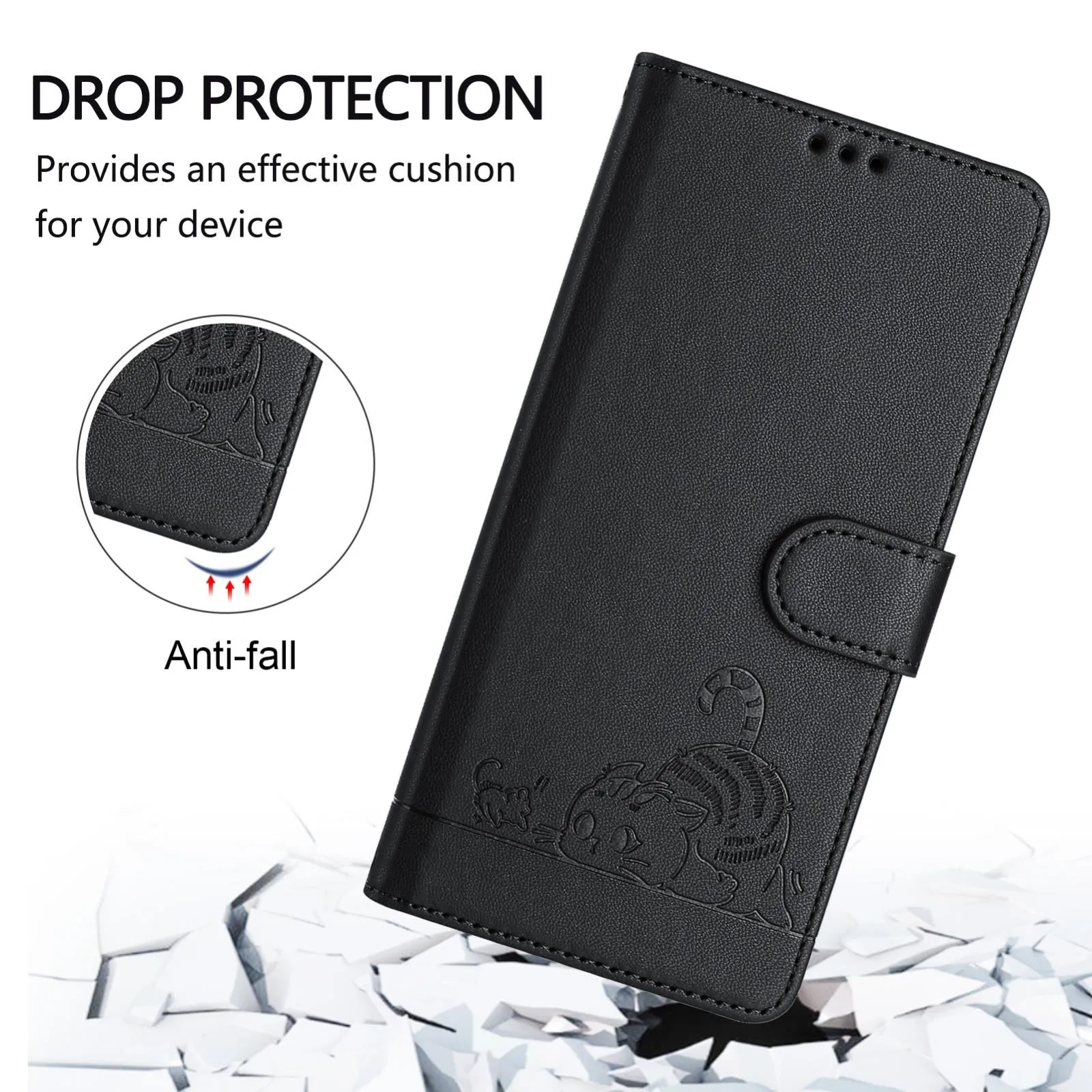 For Iphone 15 Cat Rat Embossed Pattern Rfid Leather Phone Case With Lanyard
