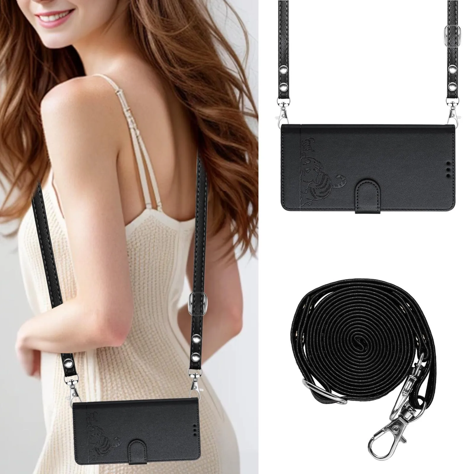 For Iphone 15 Cat Rat Embossed Pattern Rfid Leather Phone Case With Lanyard