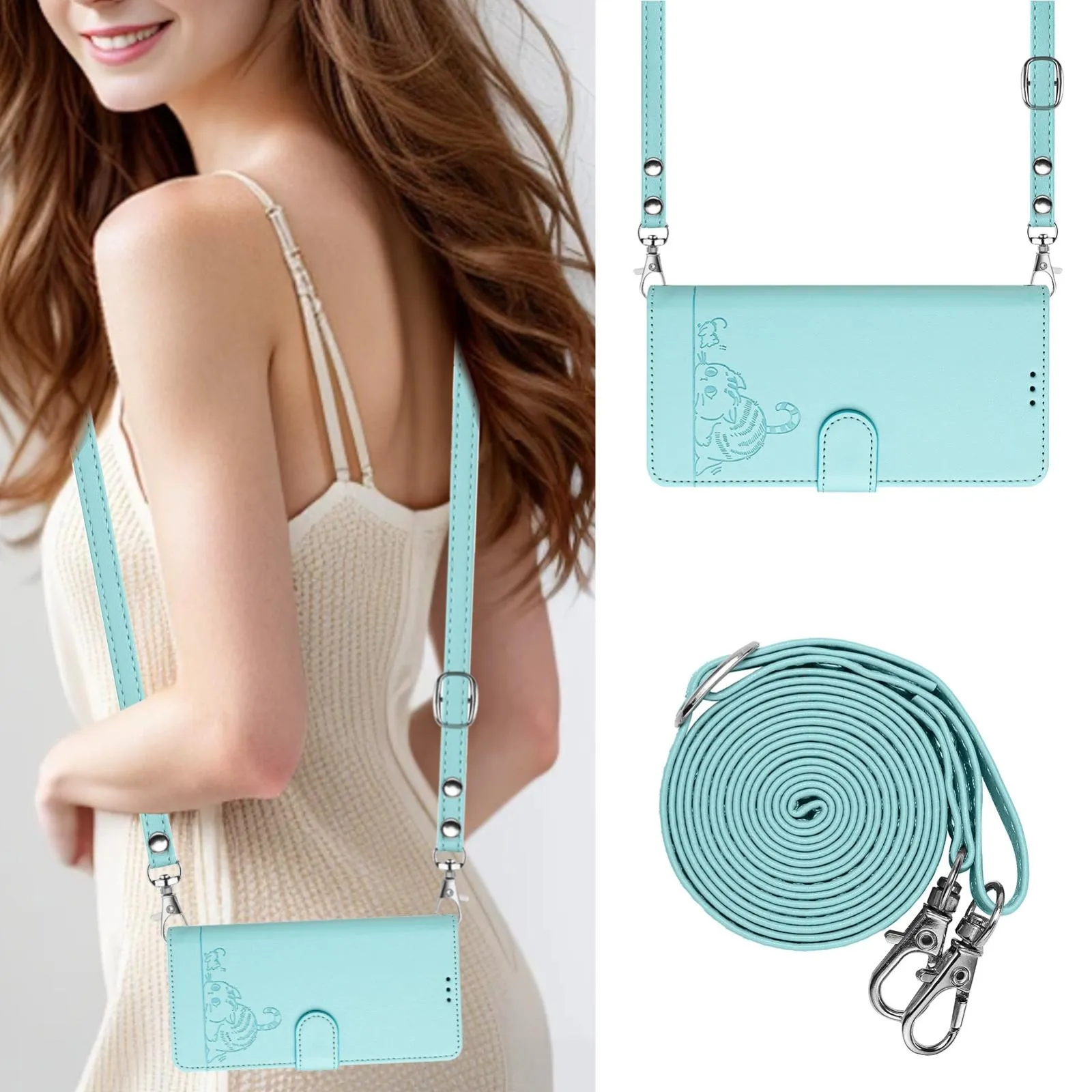 For Iphone 15 Cat Rat Embossed Pattern Rfid Leather Phone Case With Lanyard