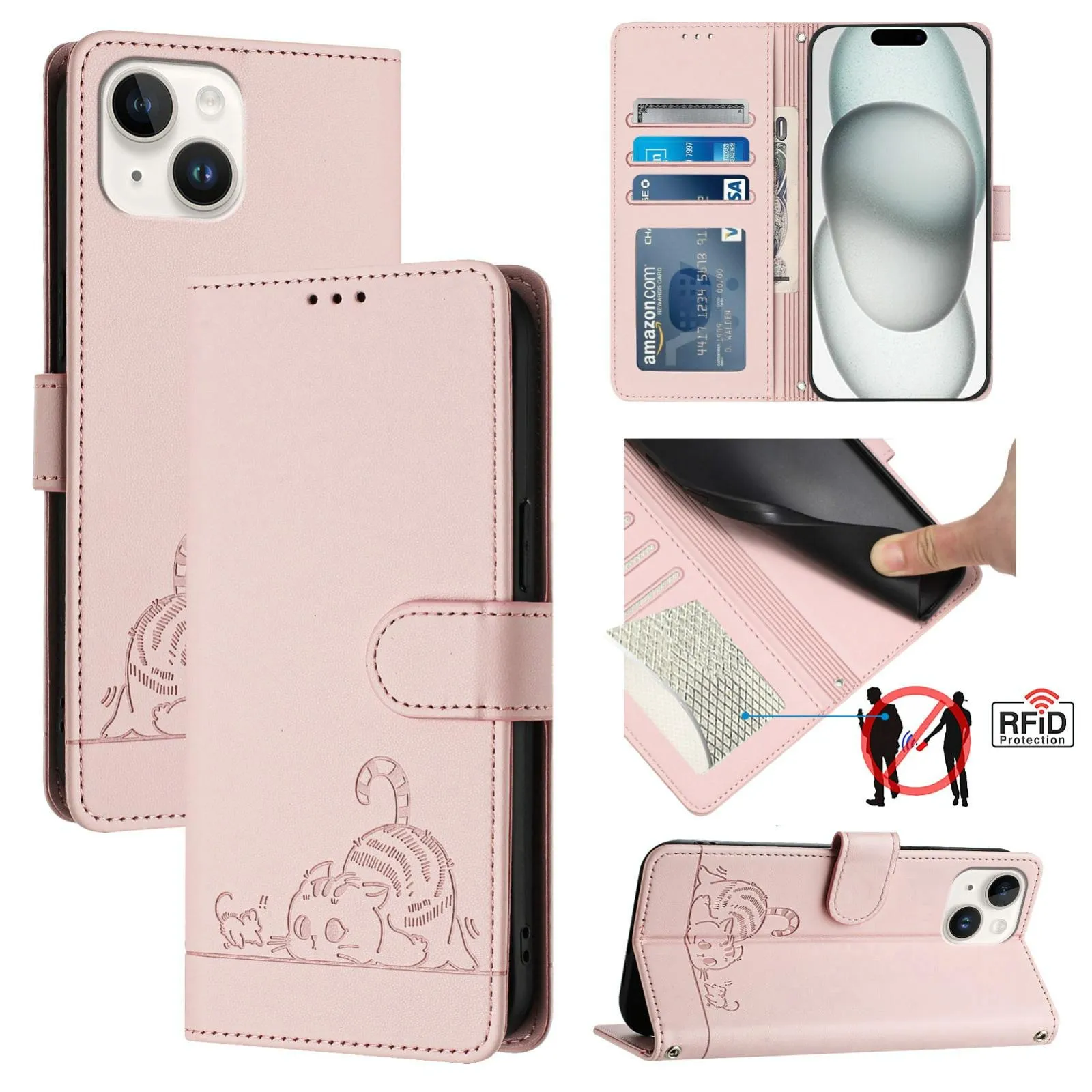 For Iphone 15 Cat Rat Embossed Pattern Rfid Leather Phone Case With Lanyard