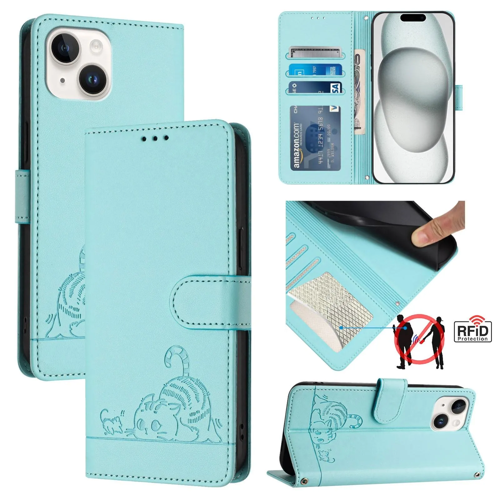 For Iphone 15 Cat Rat Embossed Pattern Rfid Leather Phone Case With Lanyard