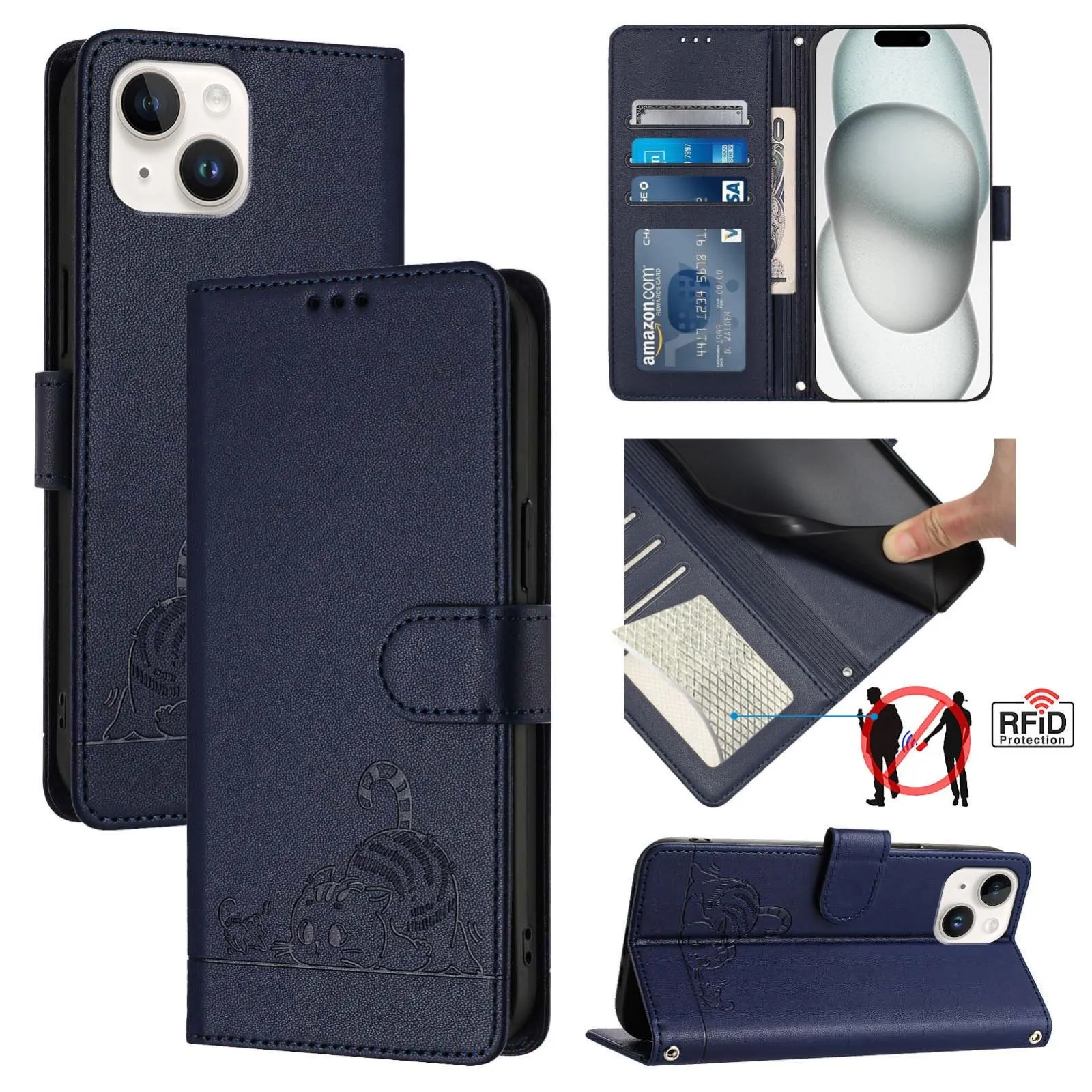 For Iphone 15 Cat Rat Embossed Pattern Rfid Leather Phone Case With Lanyard