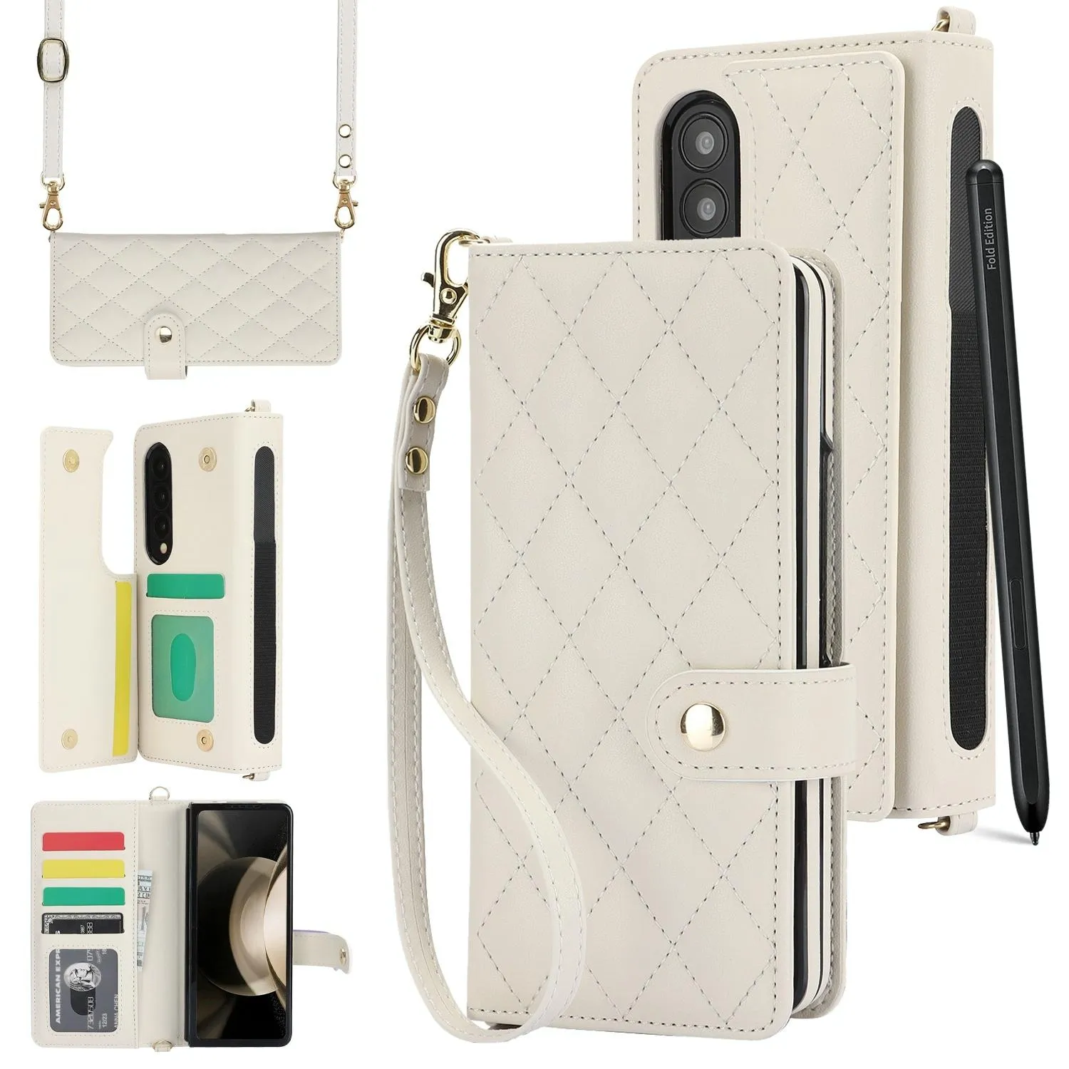 For Samsung Galaxy z Fold4 5G Multifunctional Rhombic Leather Crossbody Phone Case