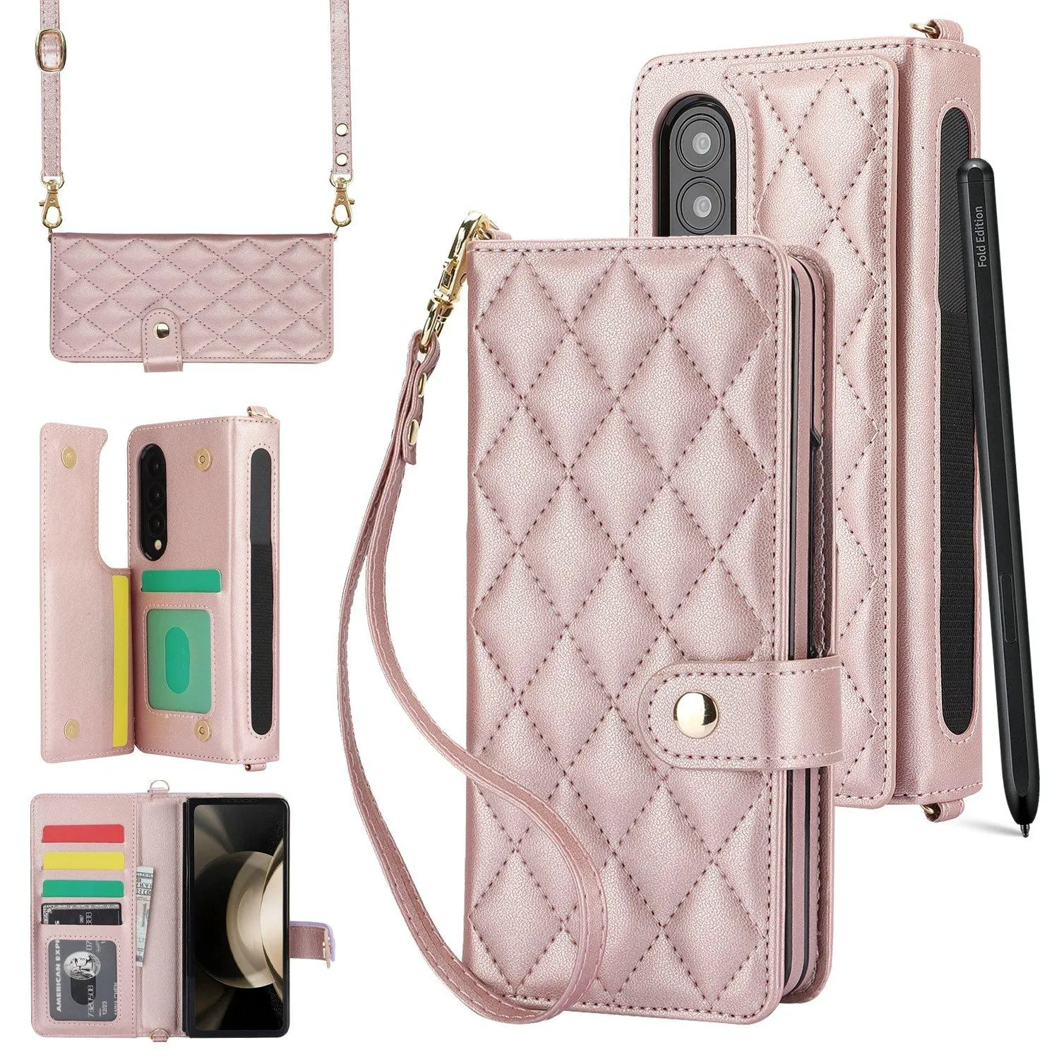 For Samsung Galaxy z Fold4 5G Multifunctional Rhombic Leather Crossbody Phone Case
