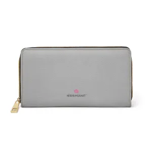 Grey Color Zipper Wallet, Solid Grey Color Long Compact Designer Premium Quality Women's Wallet