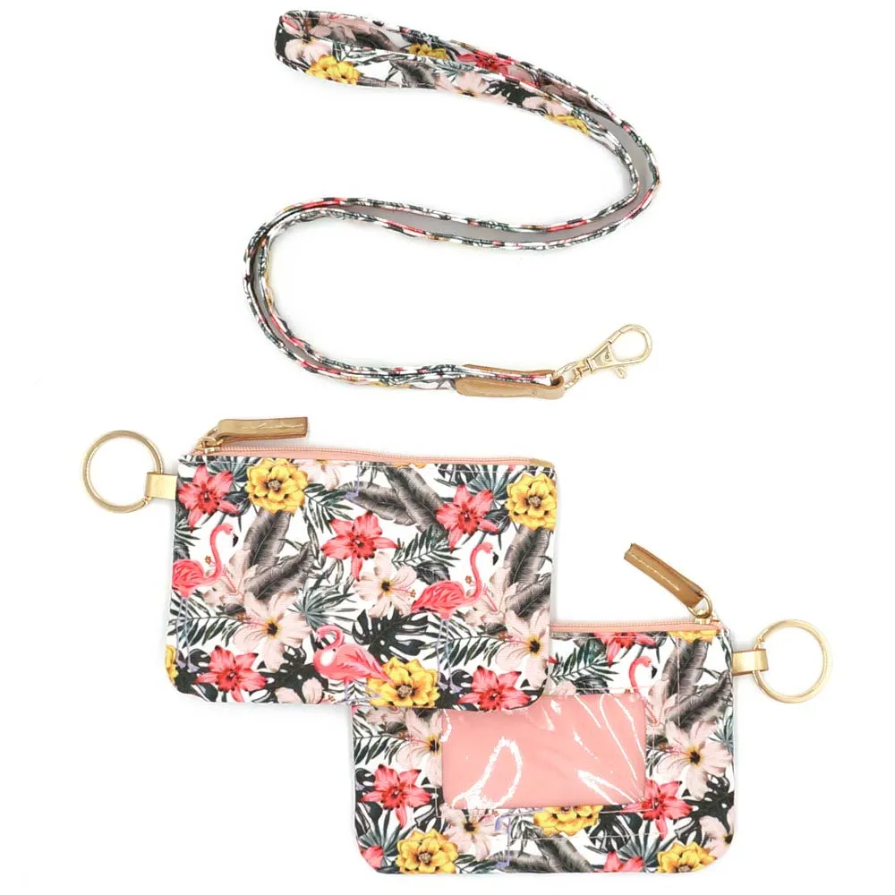 iLLASPARKZ Flamingo Flower Patterned ID Wallet Detachable Lanyard