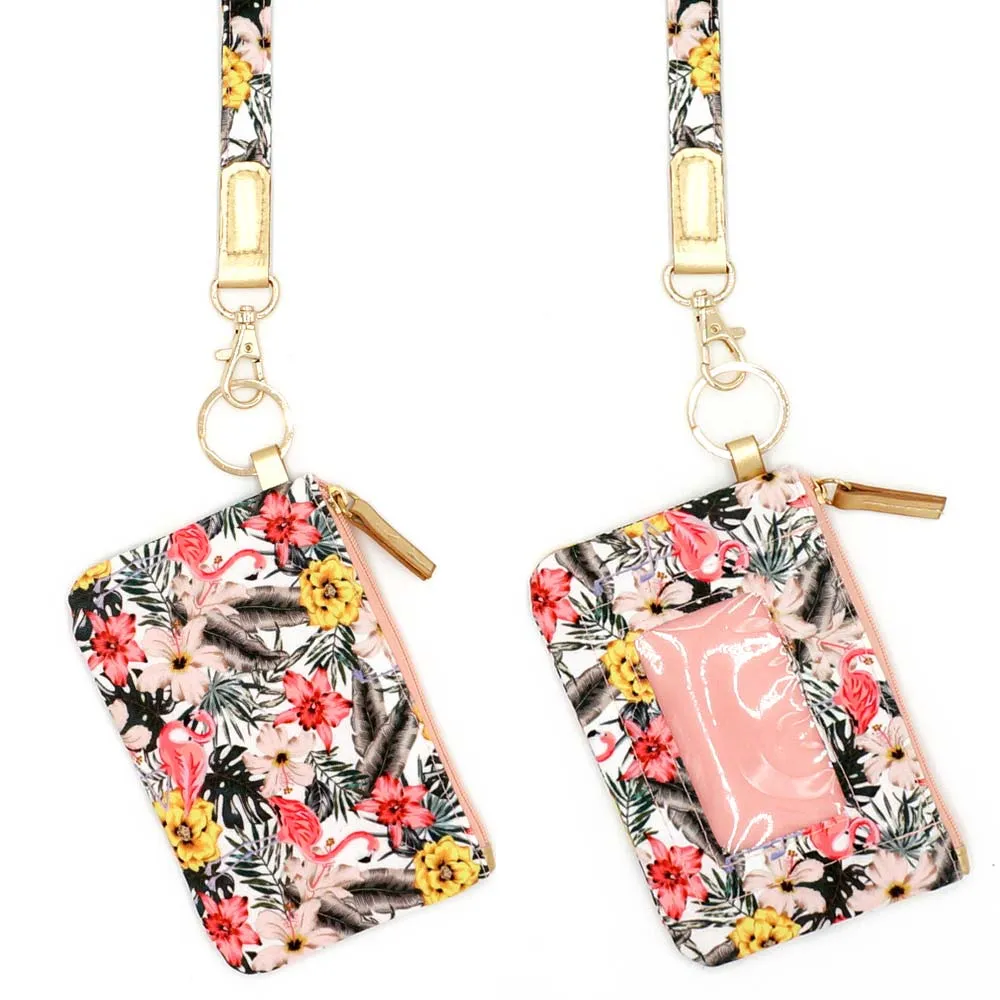 iLLASPARKZ Flamingo Flower Patterned ID Wallet Detachable Lanyard