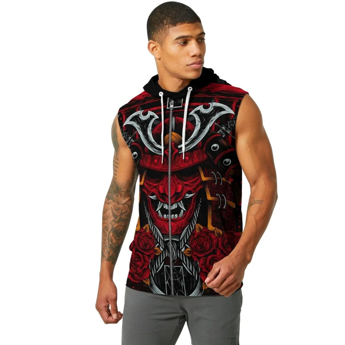 Japanese Red Demon Samurai Sleeveless Pullover & Zip Hoodie