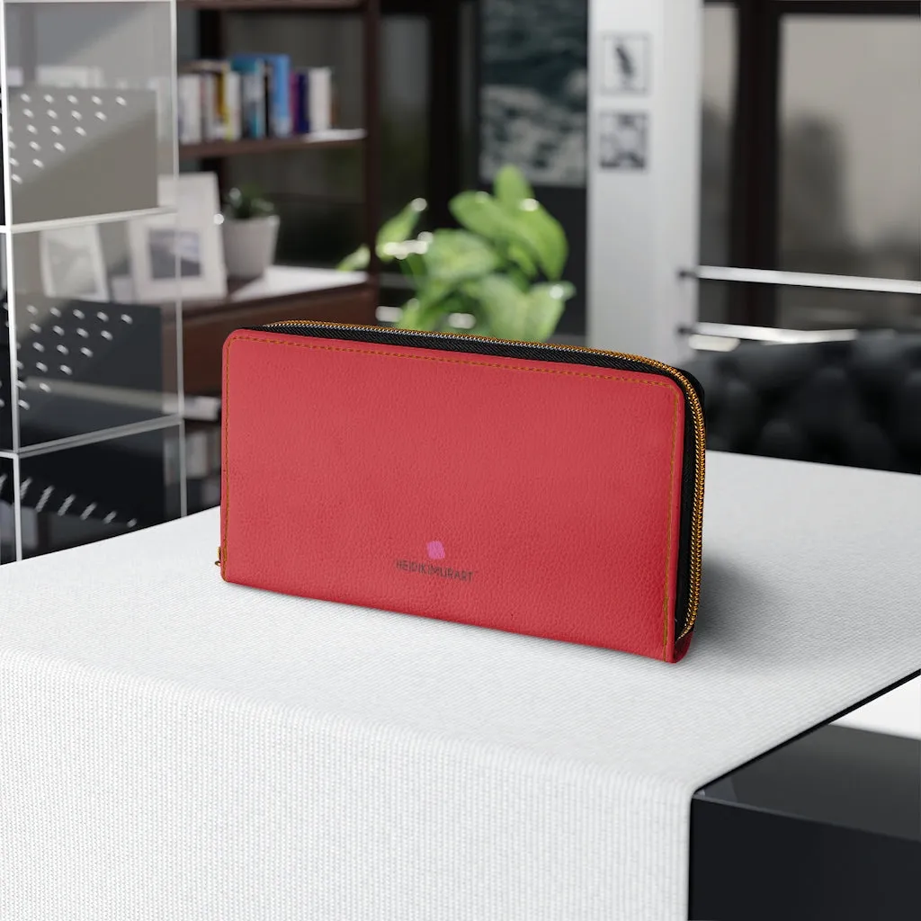 Wine Red Color Zipper Wallet, Solid Red Color Long Compact Designer Premium Quality Women's Wallet